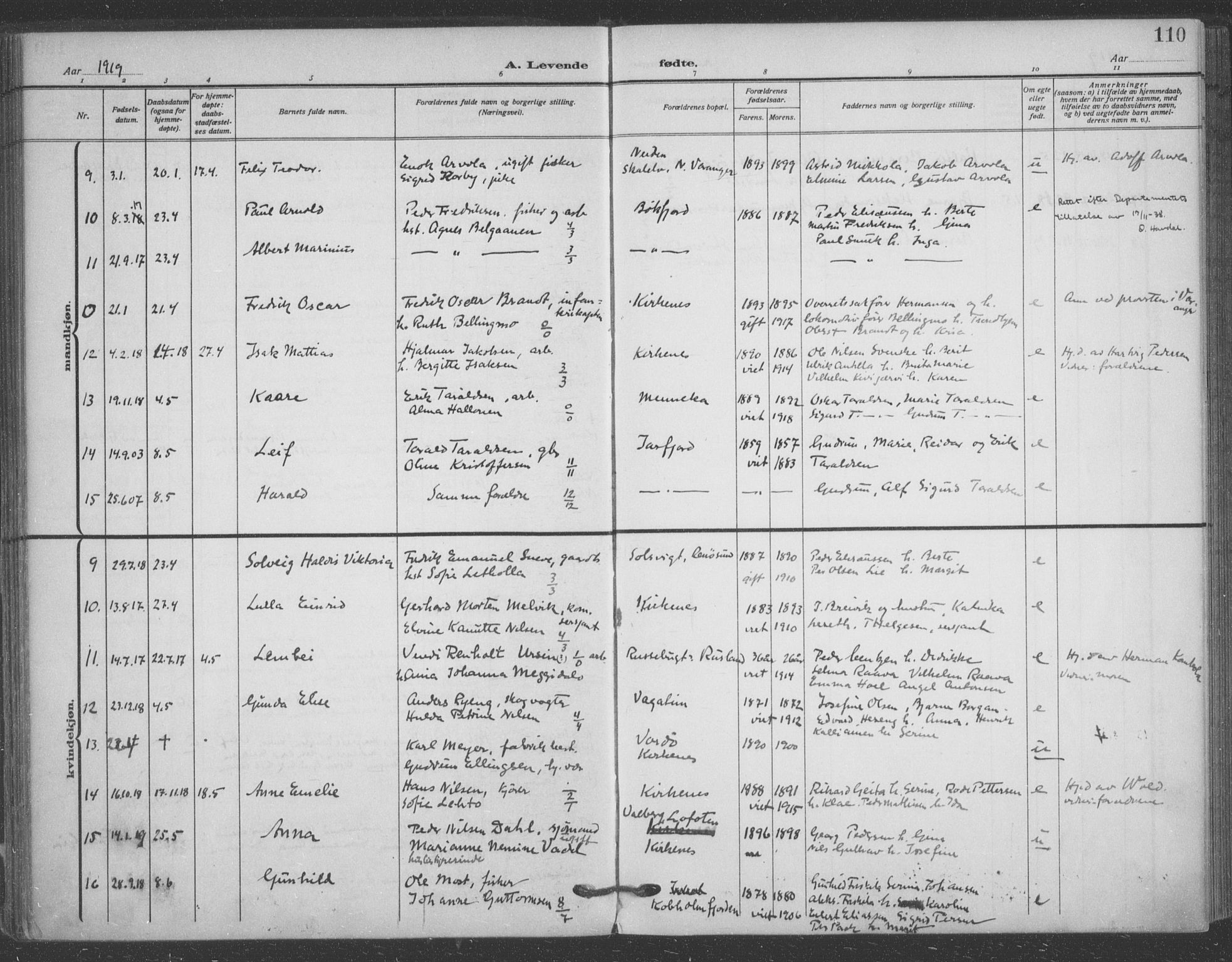 Sør-Varanger sokneprestkontor, AV/SATØ-S-1331/H/Ha/L0005kirke: Parish register (official) no. 5, 1909-1919, p. 110