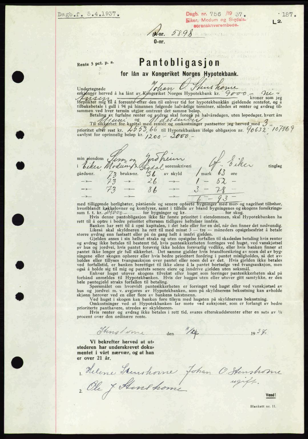 Eiker, Modum og Sigdal sorenskriveri, SAKO/A-123/G/Ga/Gab/L0035: Mortgage book no. A5, 1937-1937, Diary no: : 756/1937