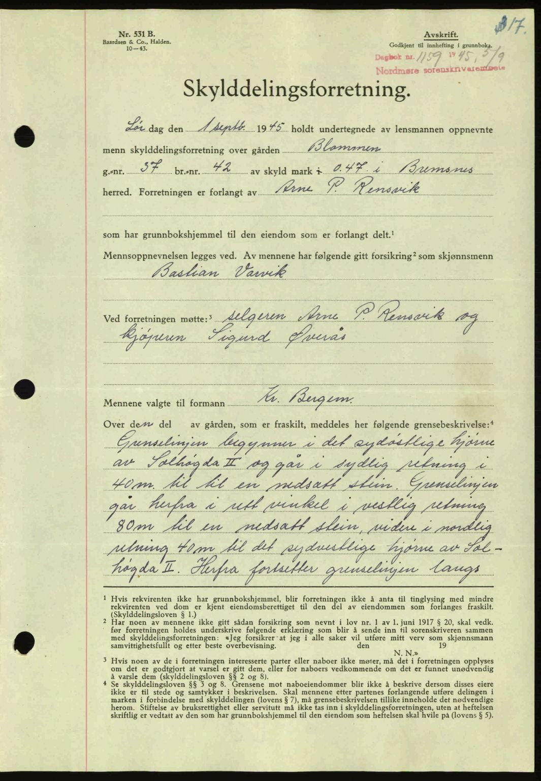 Nordmøre sorenskriveri, AV/SAT-A-4132/1/2/2Ca: Mortgage book no. A100a, 1945-1945, Diary no: : 1159/1945