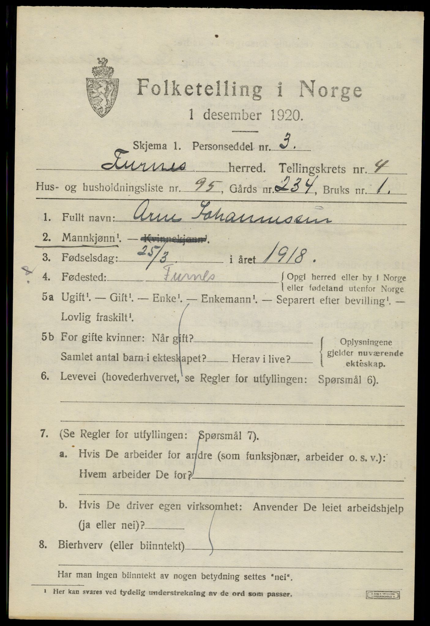 SAH, 1920 census for Furnes, 1920, p. 6965