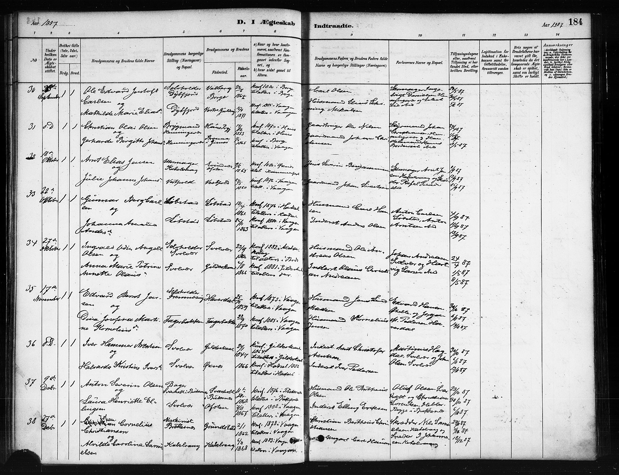 Ministerialprotokoller, klokkerbøker og fødselsregistre - Nordland, SAT/A-1459/874/L1059: Parish register (official) no. 874A03, 1884-1890, p. 184