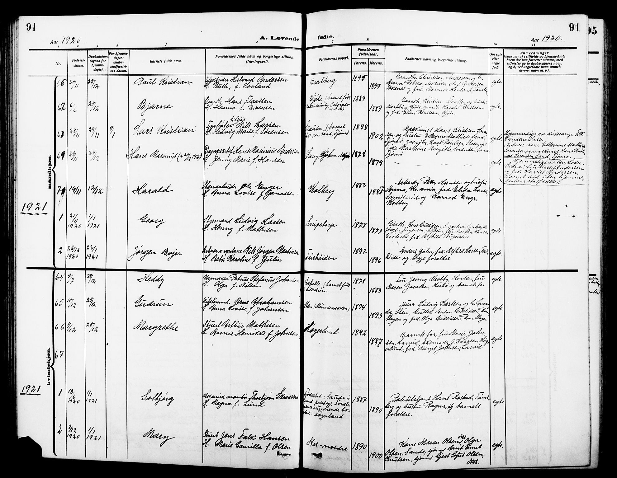 Nøtterøy kirkebøker, SAKO/A-354/G/Ga/L0005: Parish register (copy) no. I 5, 1910-1924, p. 91