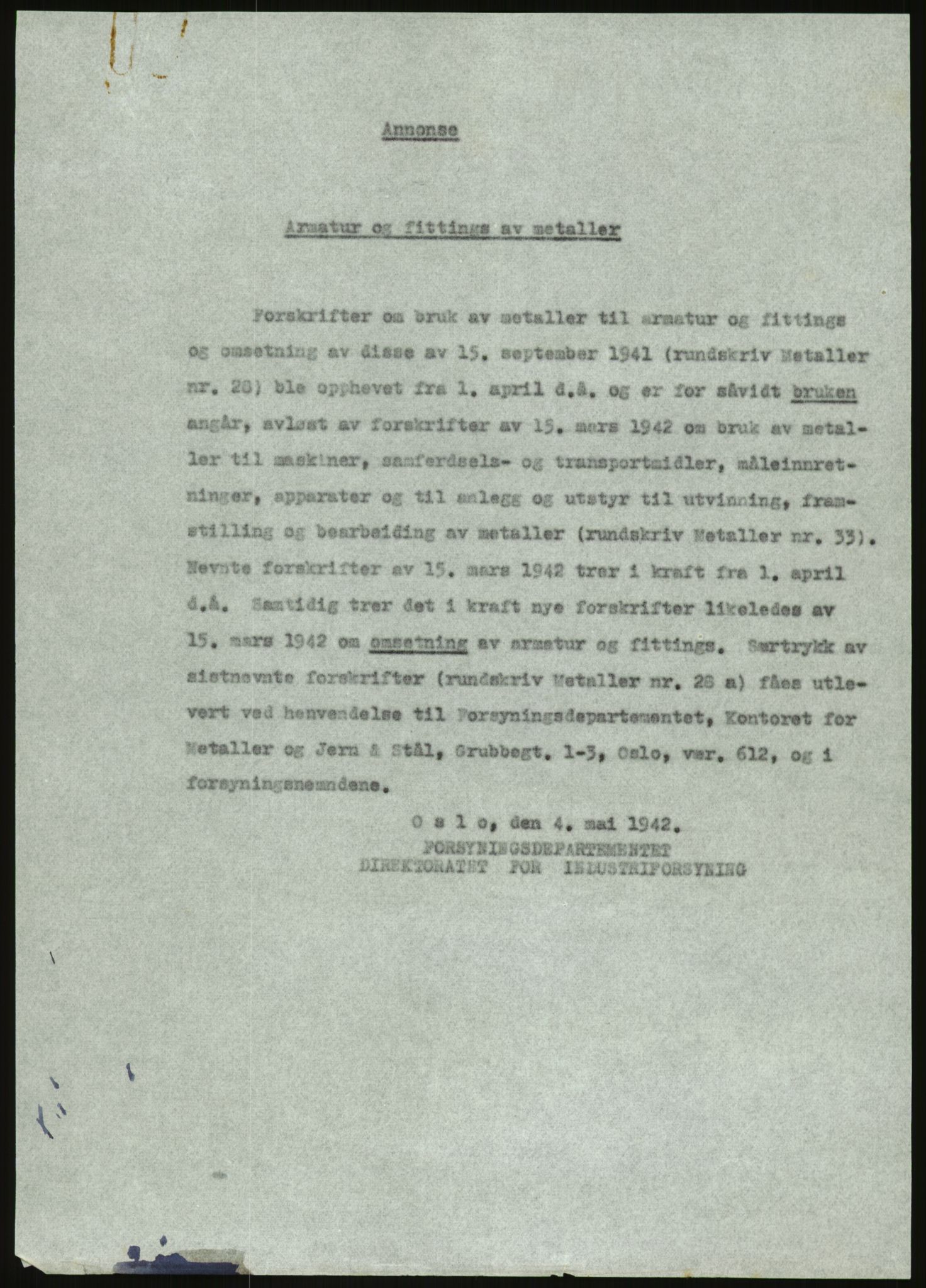 Direktoratet for industriforsyning, Sekretariatet, AV/RA-S-4153/D/Df/L0054: 9. Metallkontoret, 1940-1945, p. 1433