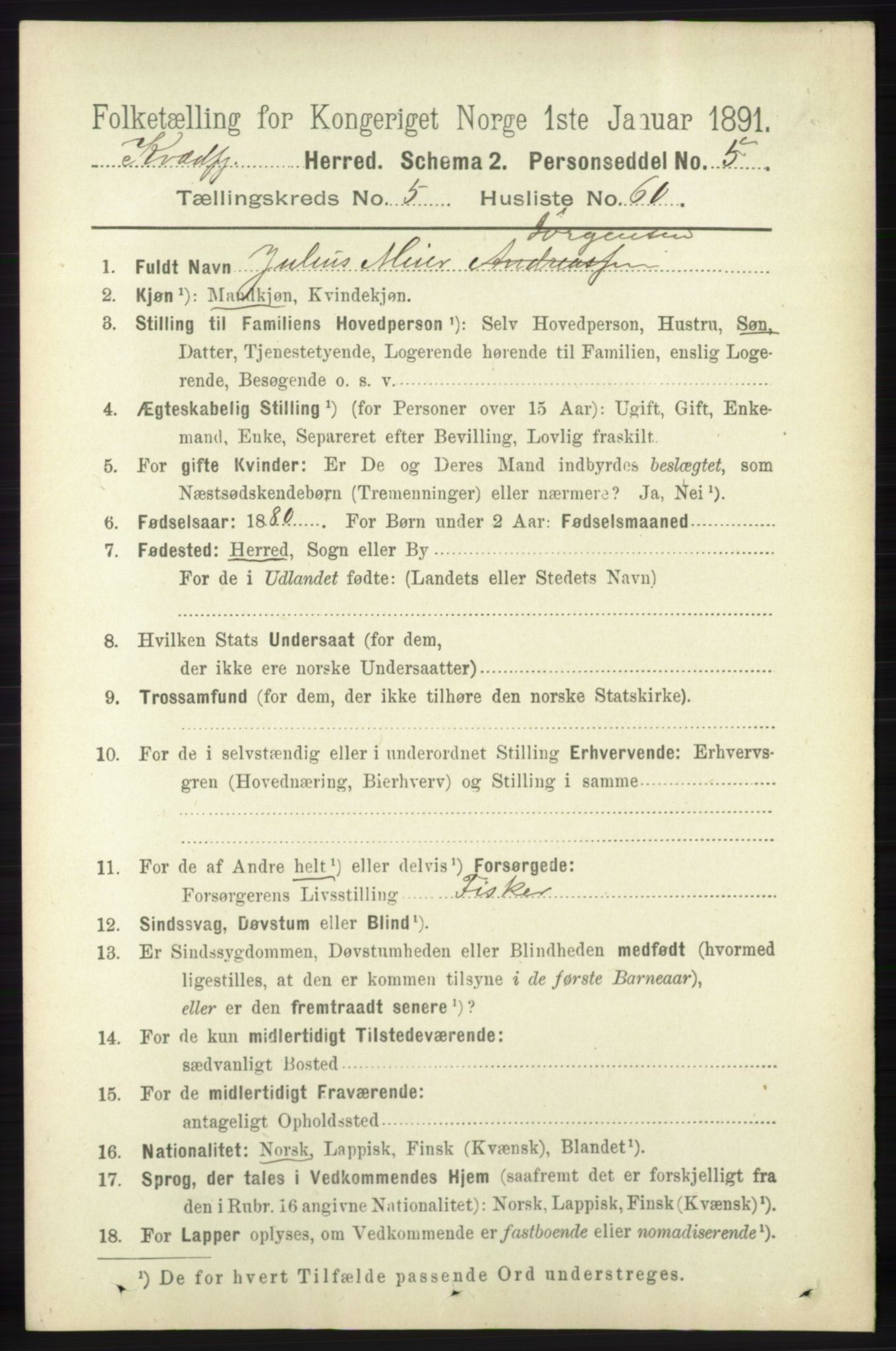 RA, 1891 census for 1911 Kvæfjord, 1891, p. 3197