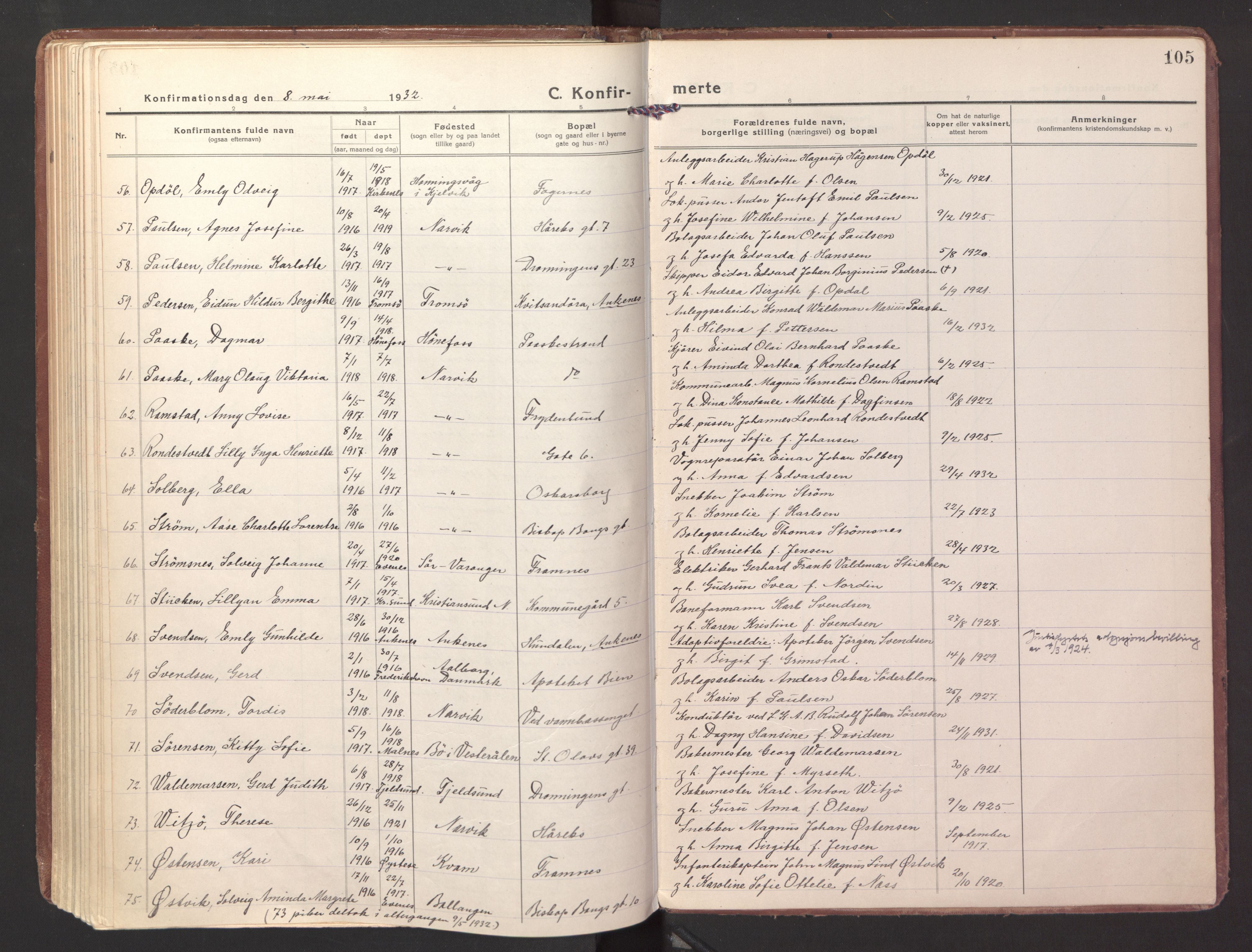 Ministerialprotokoller, klokkerbøker og fødselsregistre - Nordland, SAT/A-1459/871/L1004: Parish register (official) no. 871A20, 1921-1932, p. 105