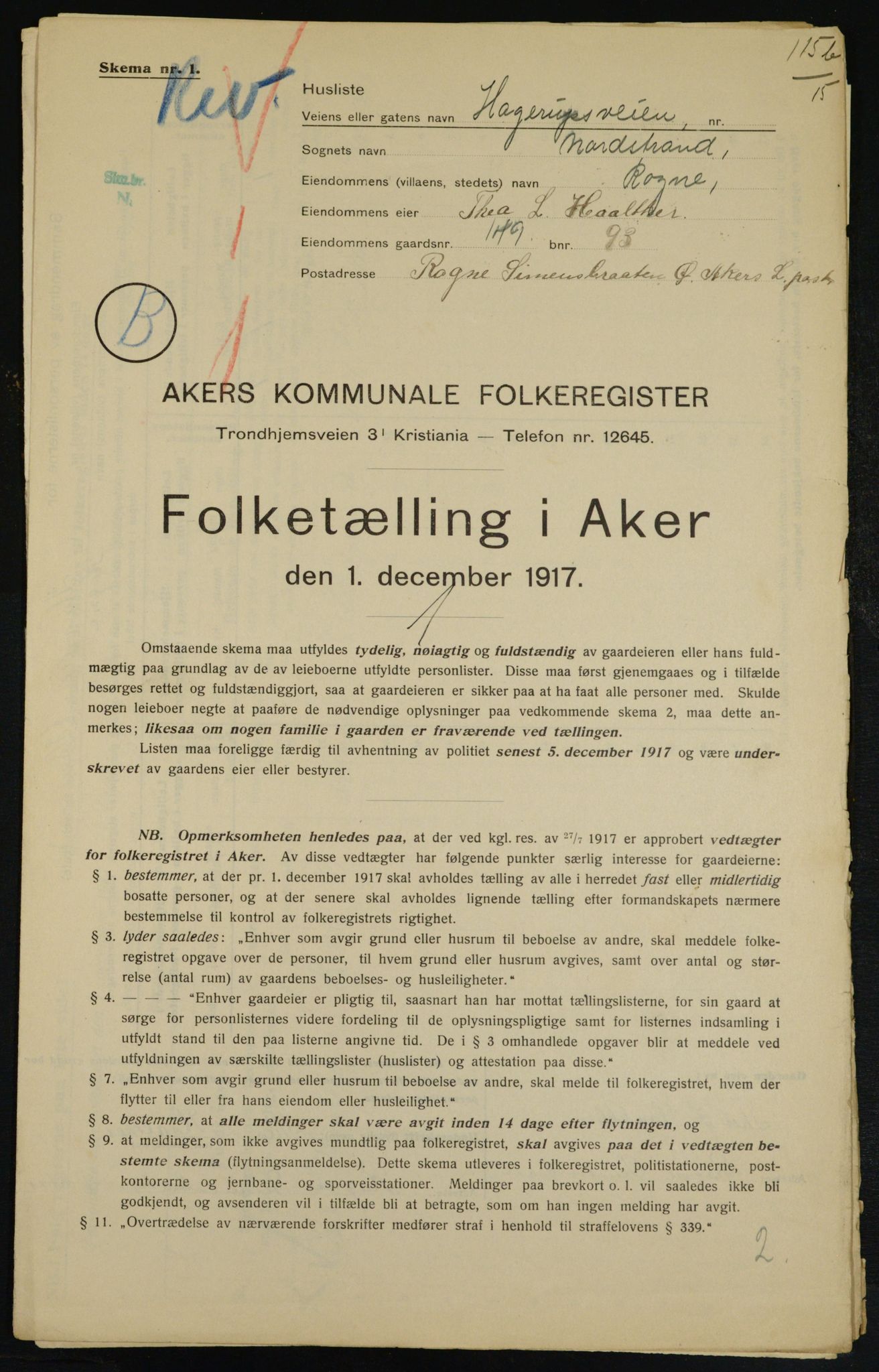 OBA, Municipal Census 1917 for Aker, 1917, p. 23809