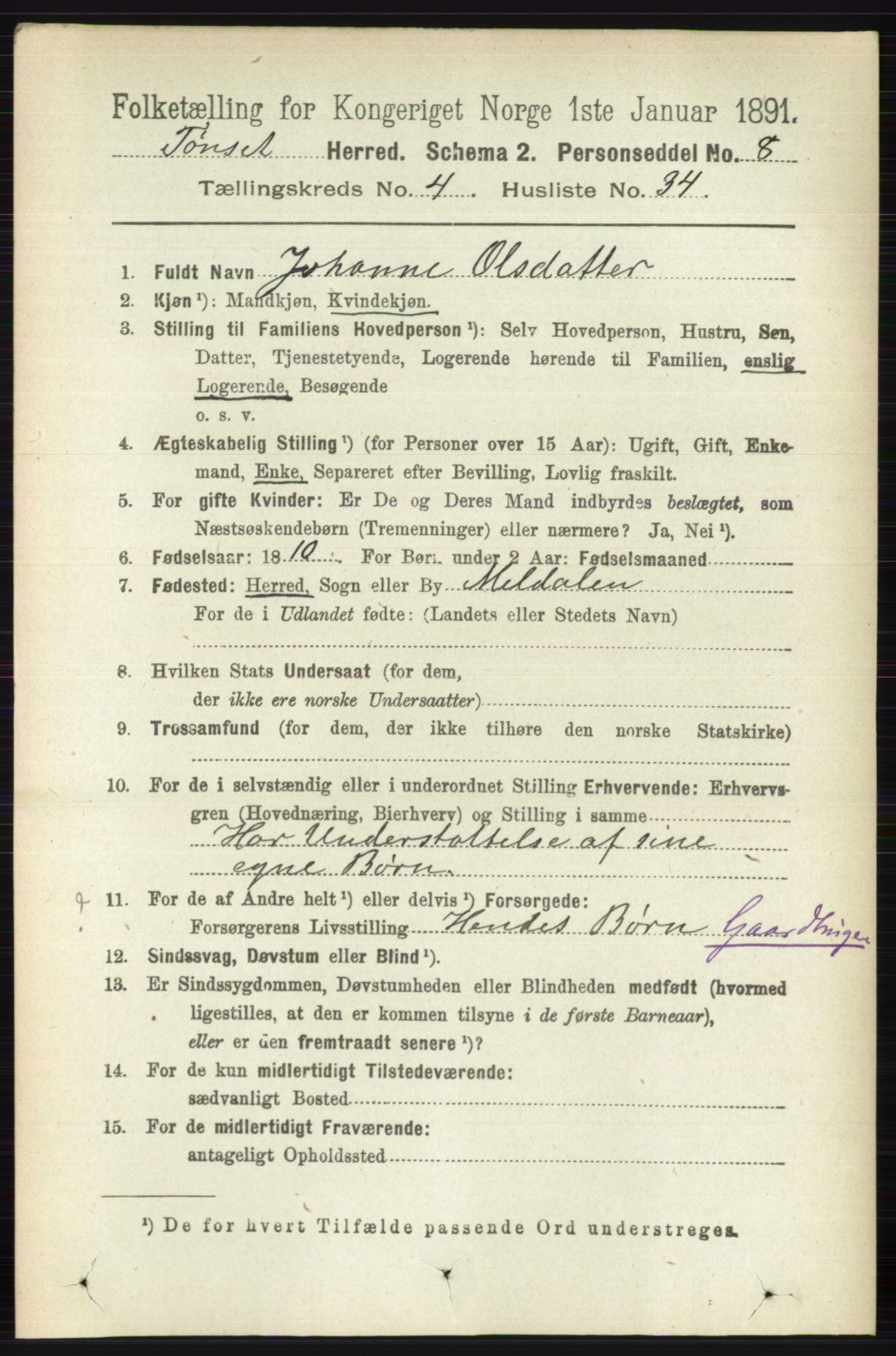 RA, 1891 census for 0437 Tynset, 1891, p. 961