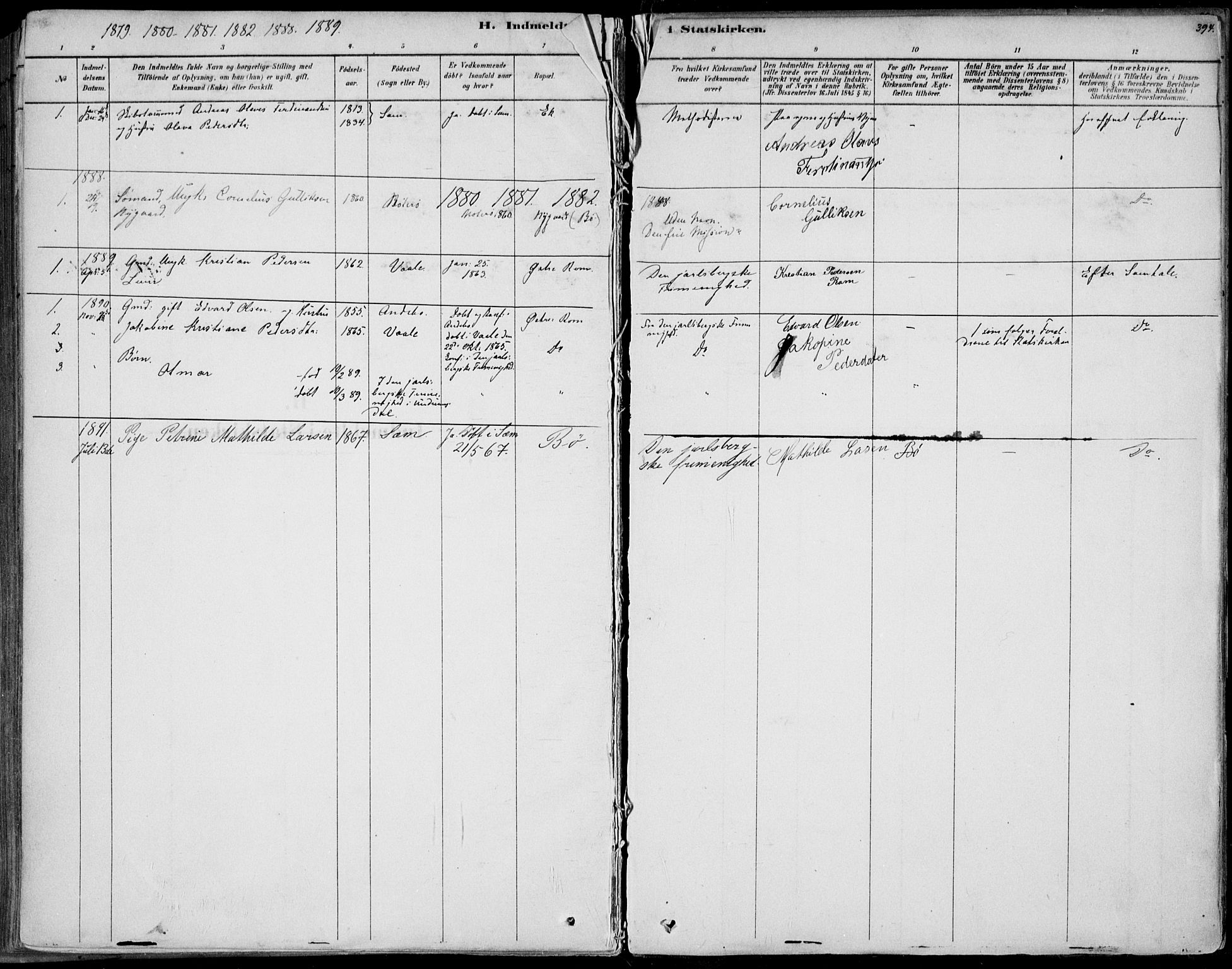 Sem kirkebøker, AV/SAKO-A-5/F/Fb/L0004: Parish register (official) no. II 4, 1878-1891, p. 394