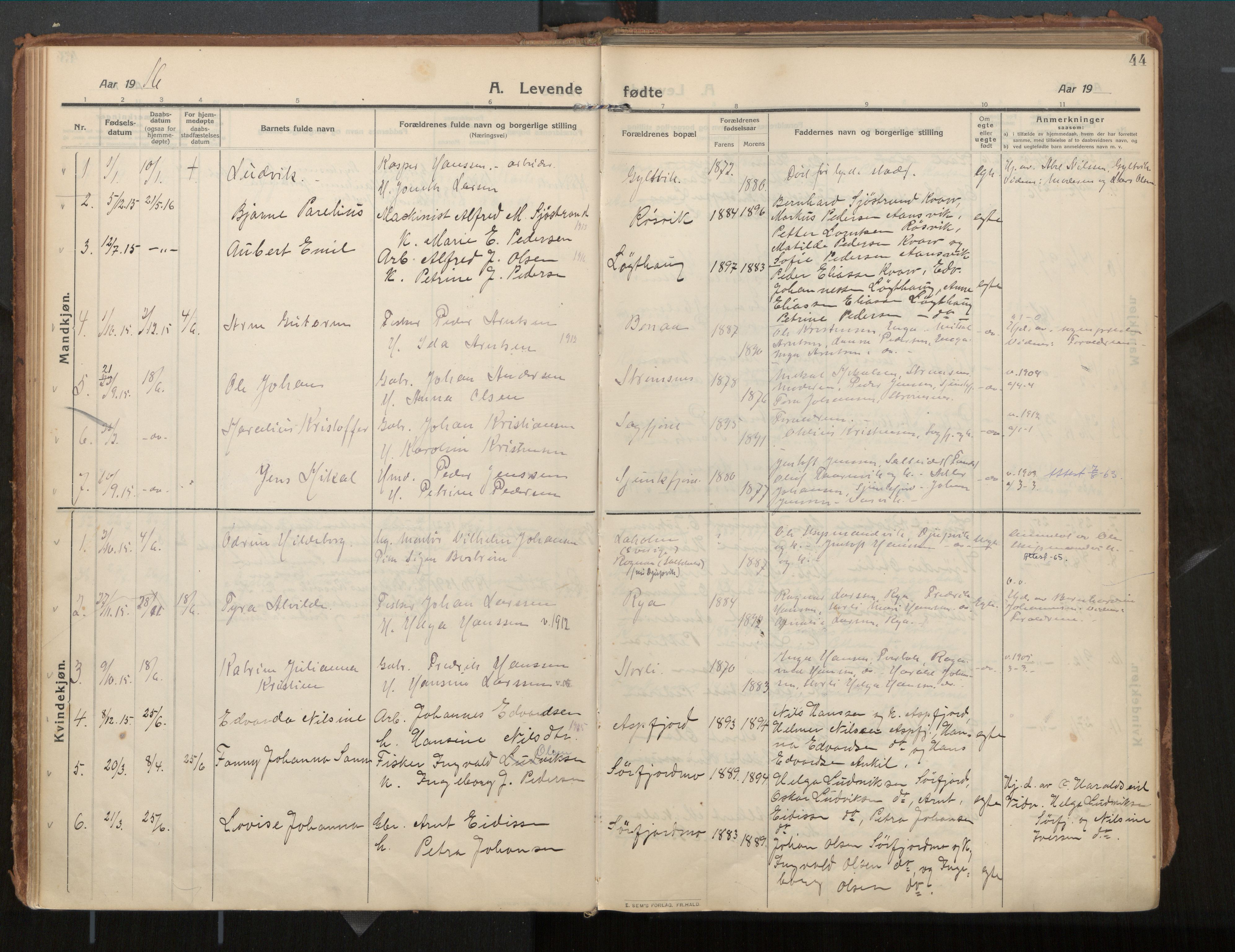 Ministerialprotokoller, klokkerbøker og fødselsregistre - Nordland, AV/SAT-A-1459/854/L0784: Parish register (official) no. 854A07, 1910-1922, p. 44