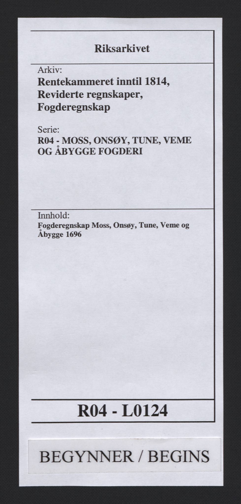 Rentekammeret inntil 1814, Reviderte regnskaper, Fogderegnskap, AV/RA-EA-4092/R04/L0124: Fogderegnskap Moss, Onsøy, Tune, Veme og Åbygge, 1696, p. 1