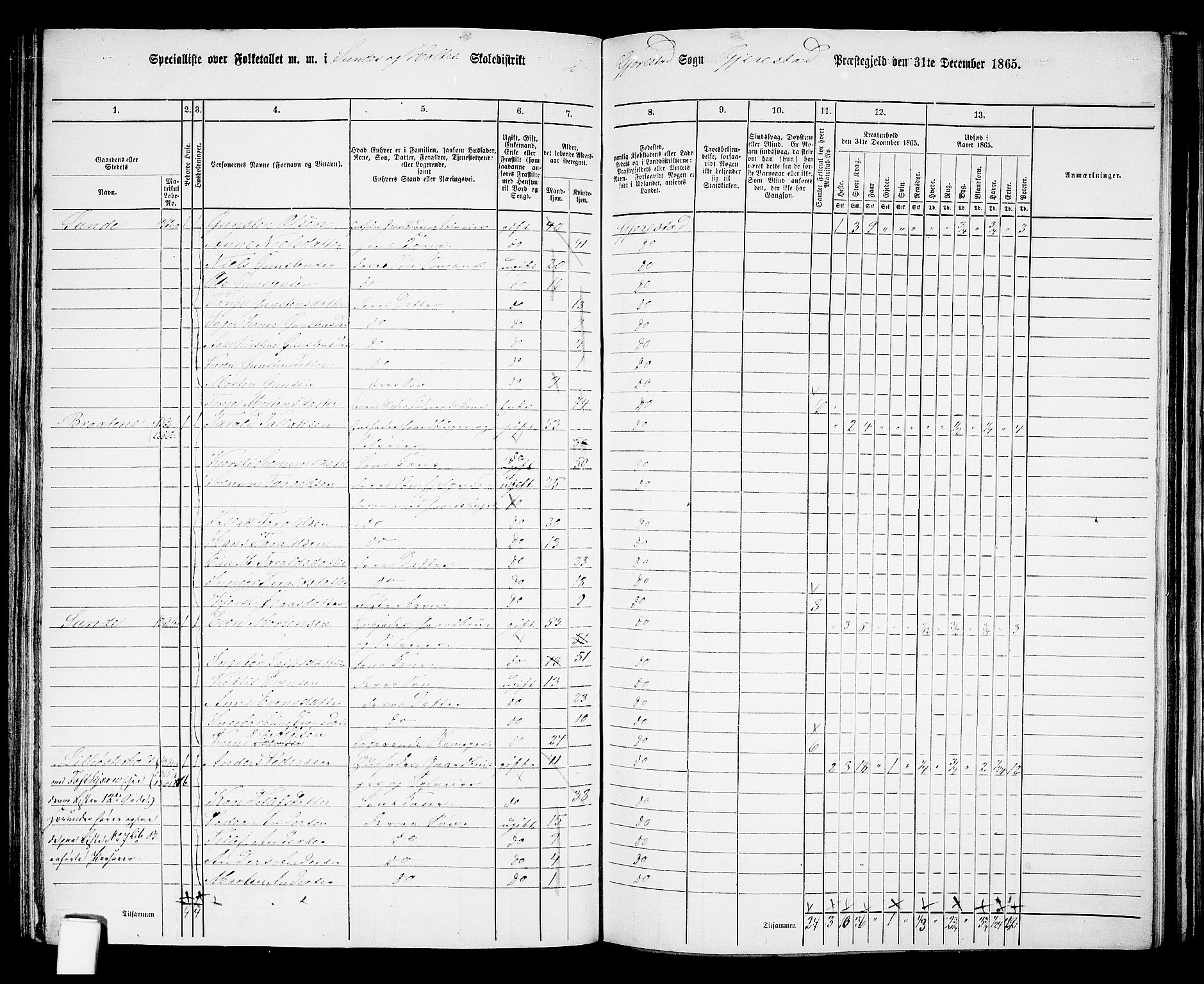 RA, 1865 census for Gjerstad, 1865, p. 110