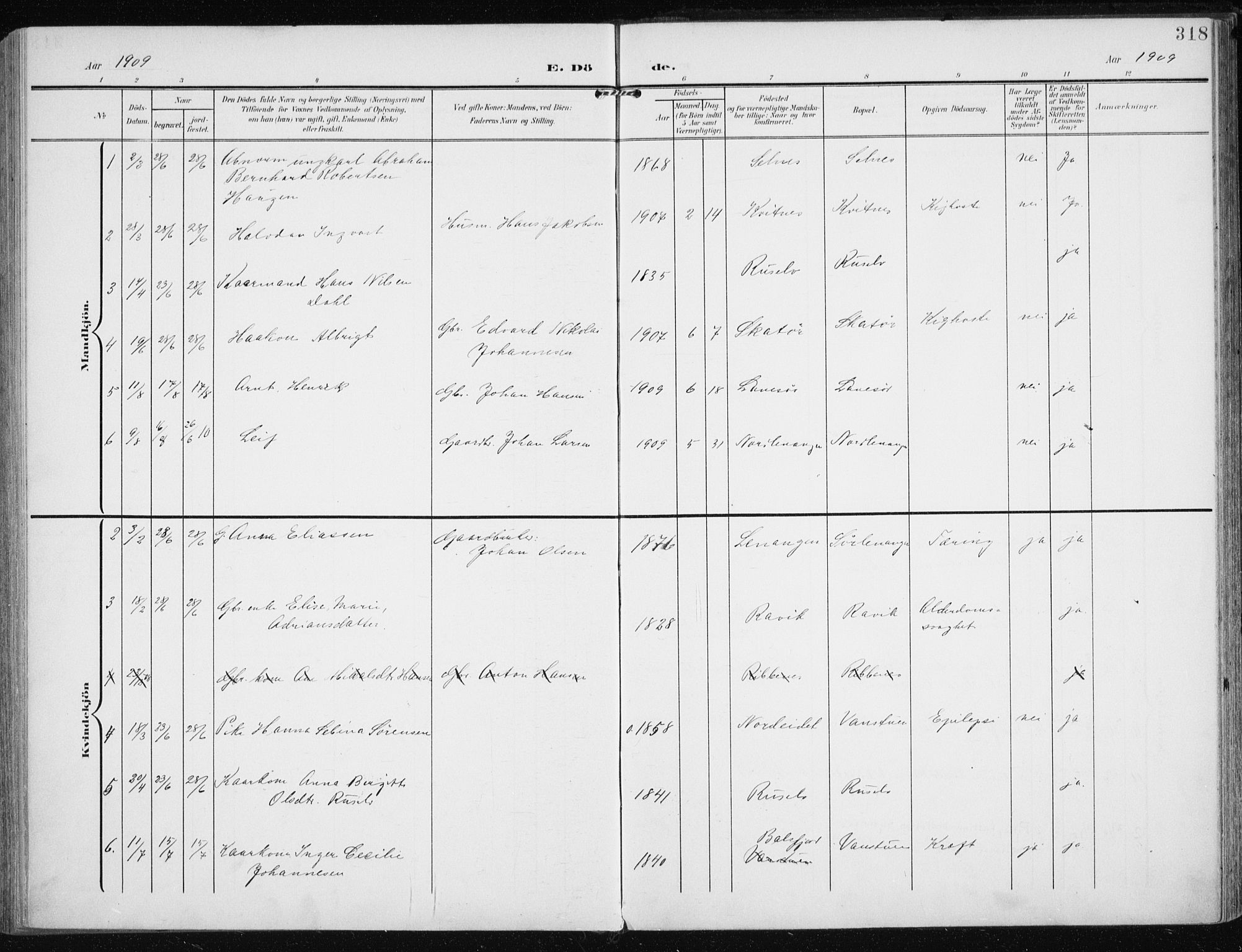 Karlsøy sokneprestembete, AV/SATØ-S-1299/H/Ha/Haa/L0014kirke: Parish register (official) no. 14, 1903-1917, p. 318