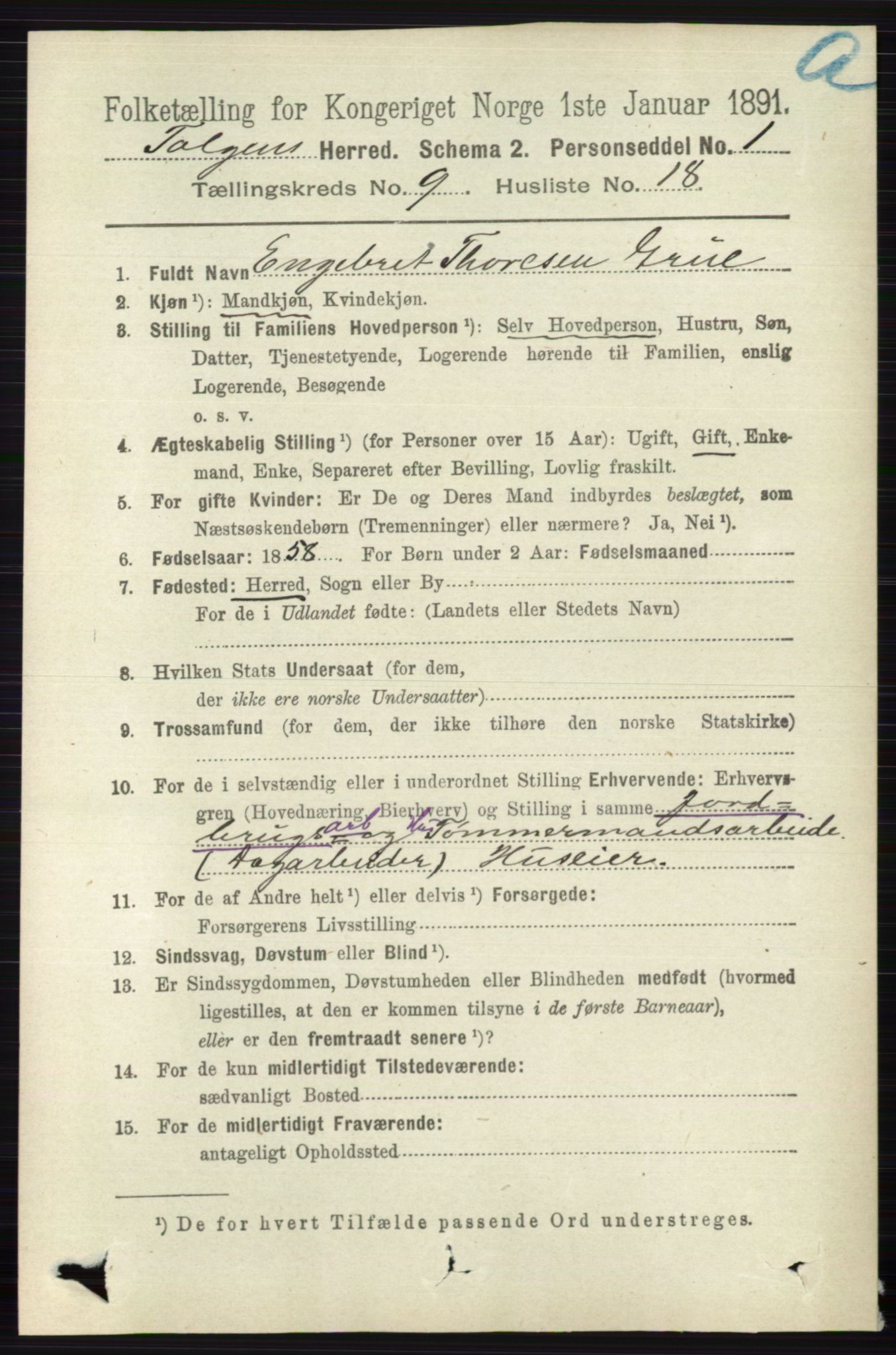 RA, 1891 census for 0436 Tolga, 1891, p. 2619