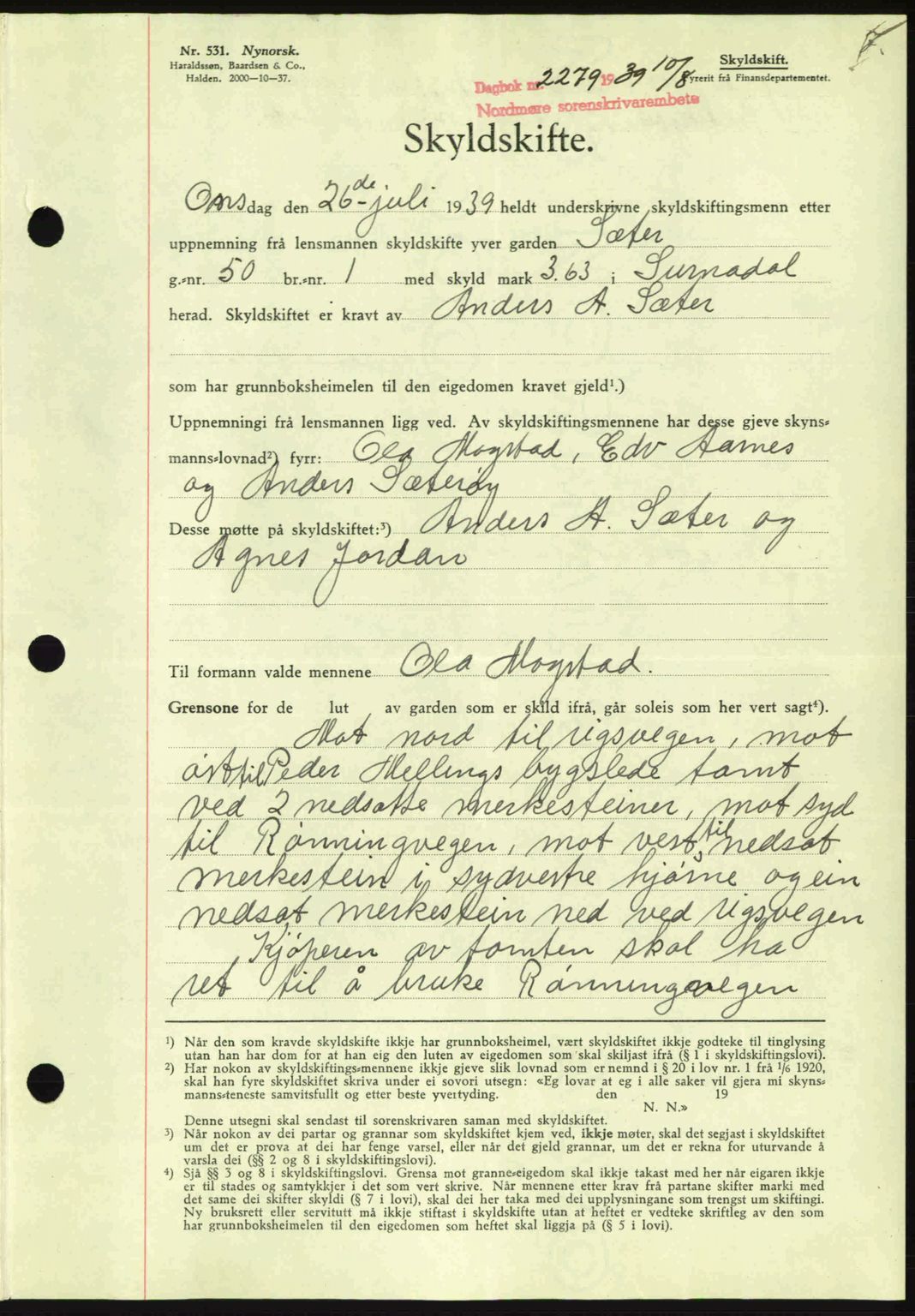 Nordmøre sorenskriveri, AV/SAT-A-4132/1/2/2Ca: Mortgage book no. A87, 1939-1940, Diary no: : 2279/1939