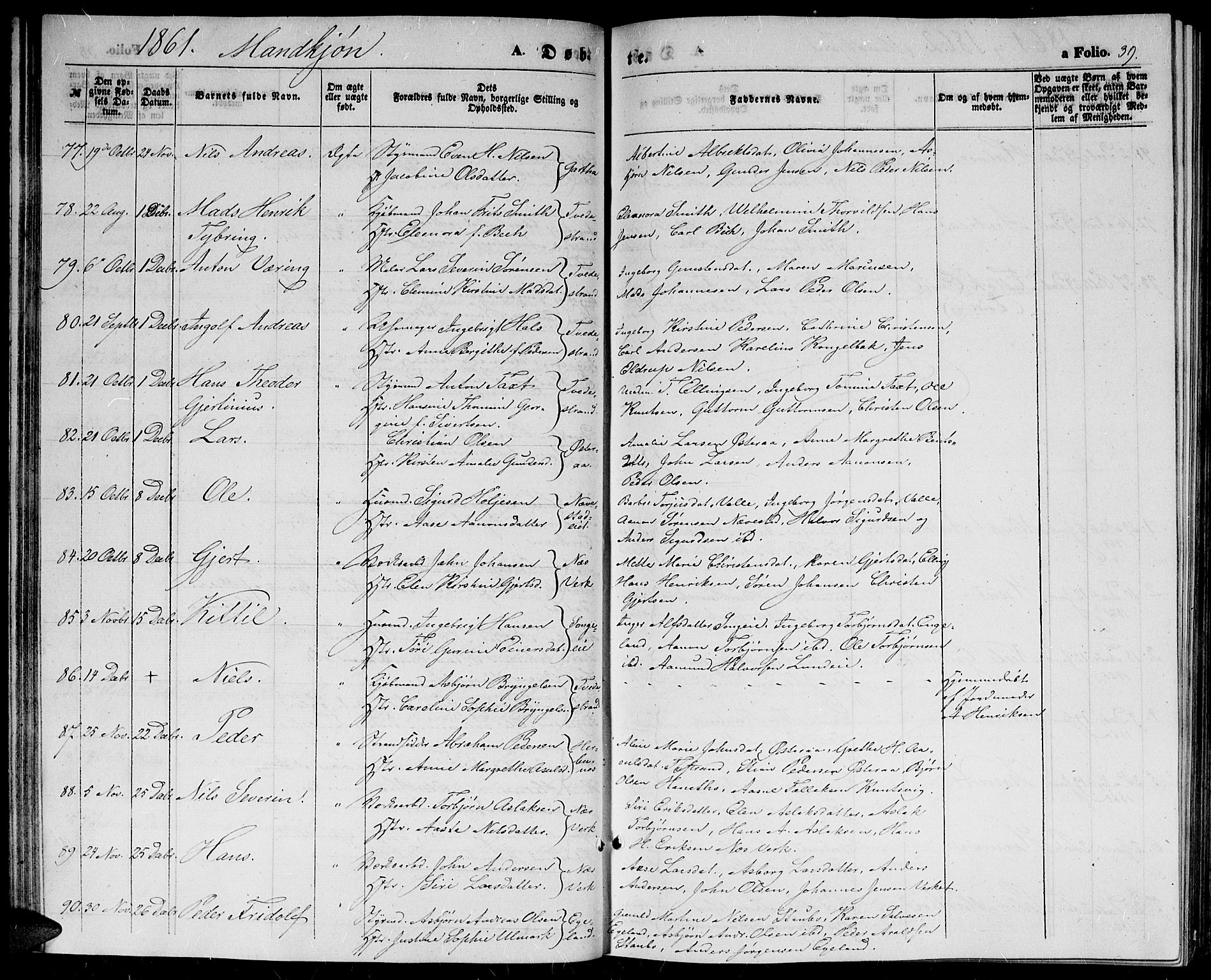 Holt sokneprestkontor, SAK/1111-0021/F/Fb/L0008: Parish register (copy) no. B 8, 1858-1871, p. 39