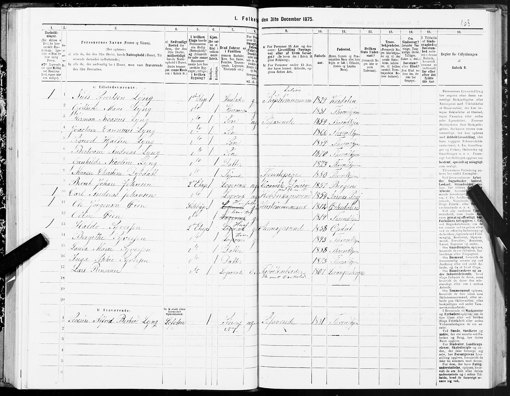 SAT, 1875 census for 1601 Trondheim, 1875, p. 9168