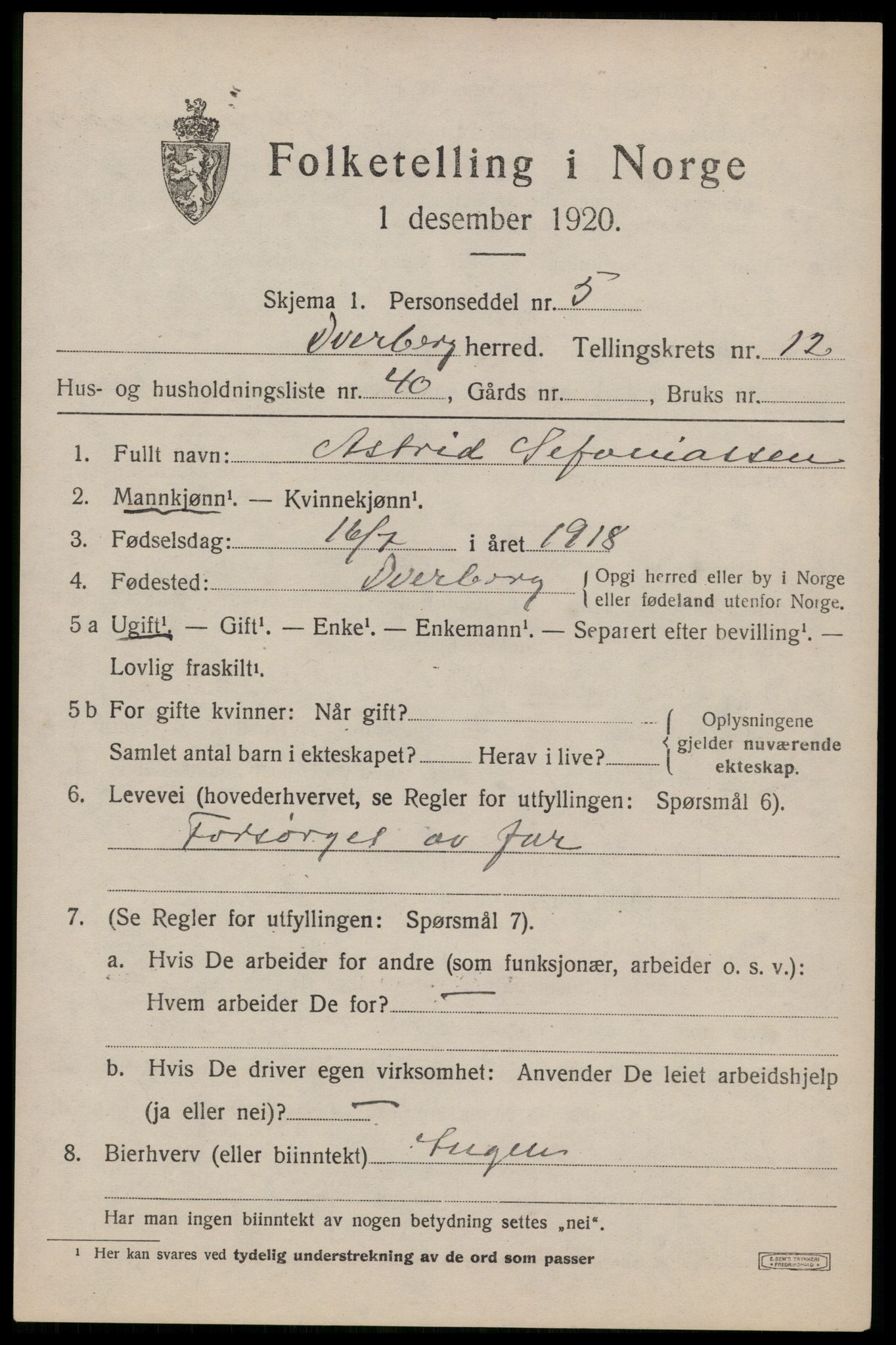 SAT, 1920 census for Dverberg, 1920, p. 9882