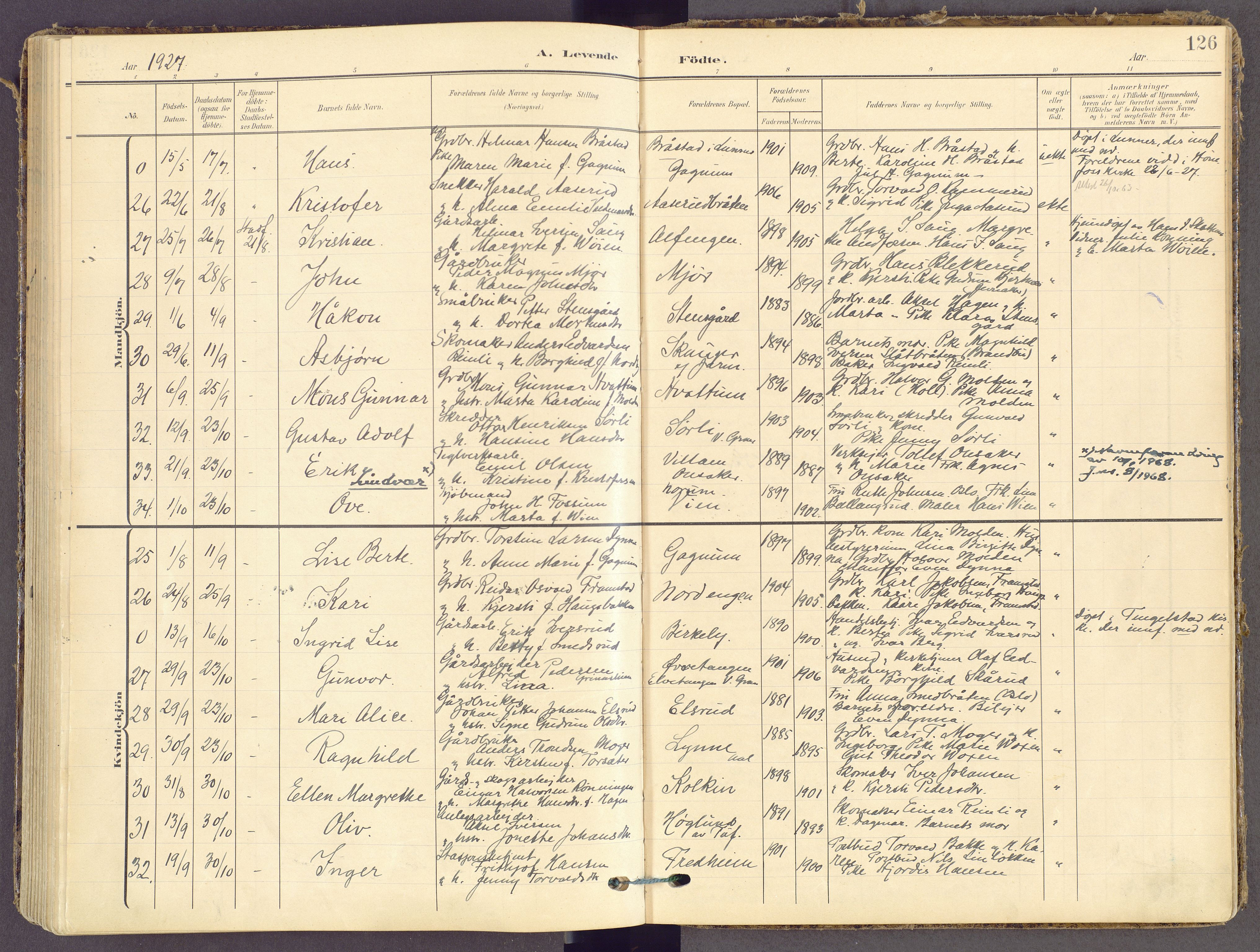 Gran prestekontor, AV/SAH-PREST-112/H/Ha/Haa/L0021: Parish register (official) no. 21, 1908-1932, p. 126