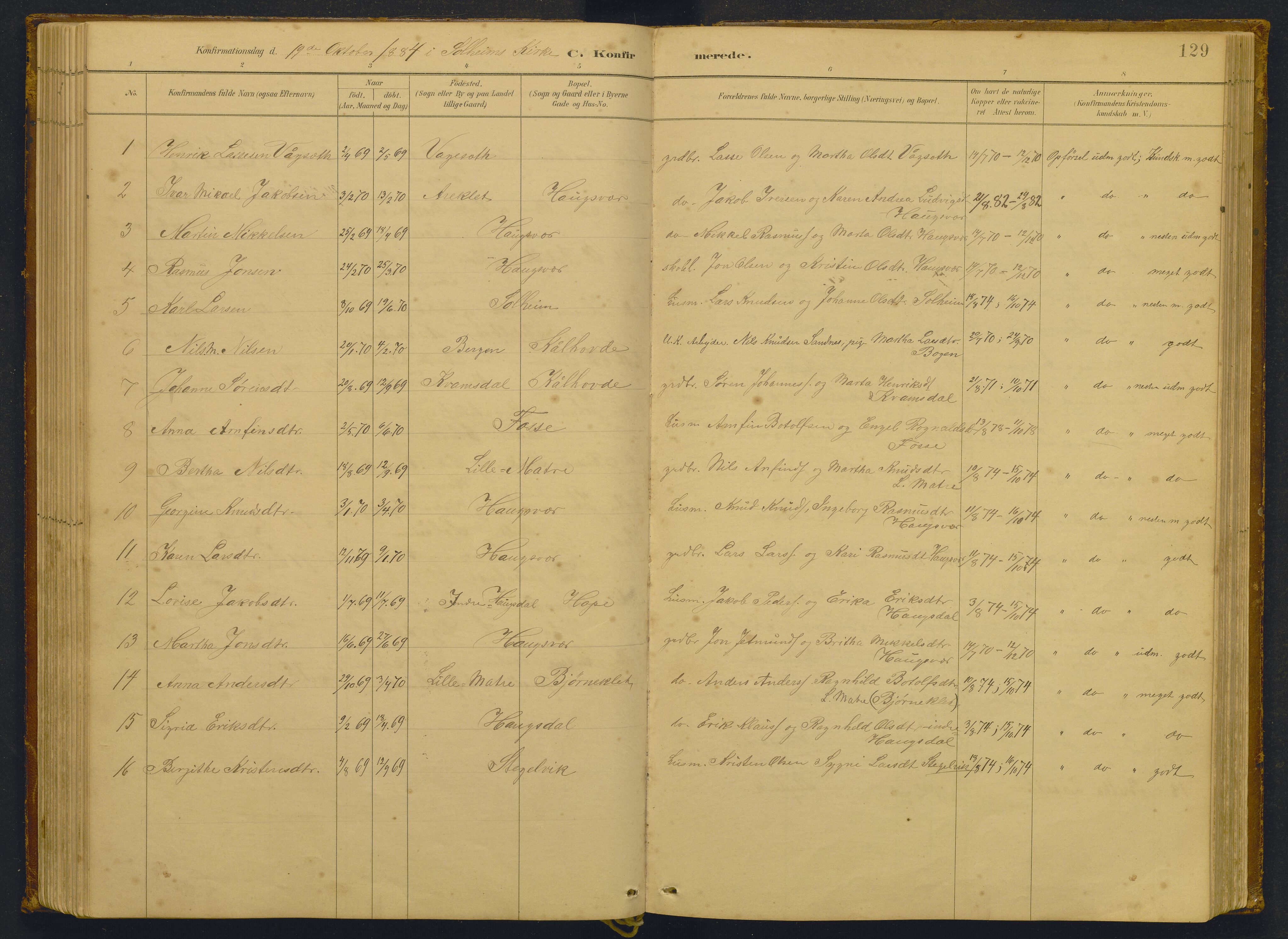 Masfjorden sokneprestembete, AV/SAB-A-77001: Parish register (copy) no. -, 1882-1933, p. 129