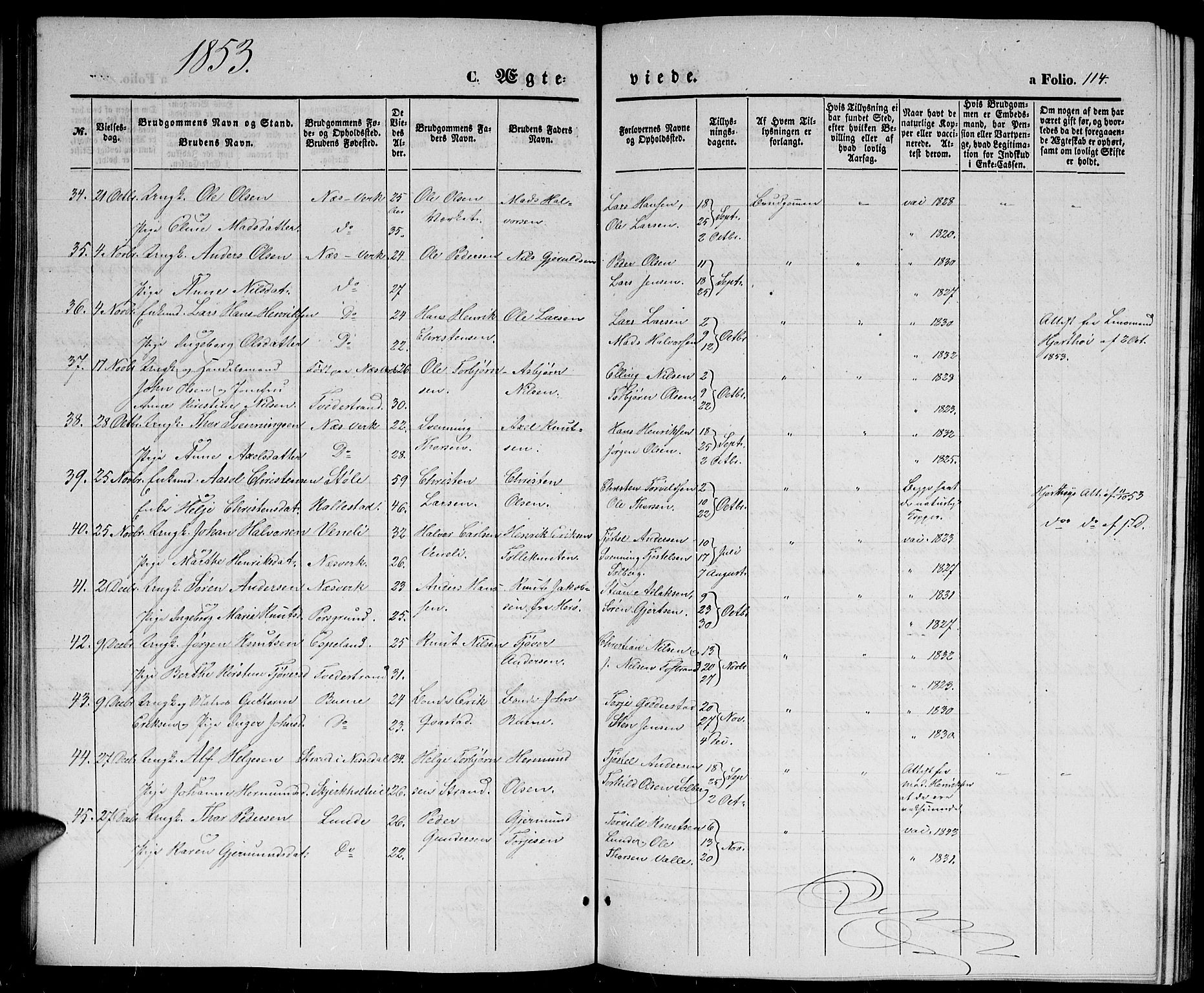 Holt sokneprestkontor, SAK/1111-0021/F/Fb/L0007: Parish register (copy) no. B 7, 1849-1858, p. 114