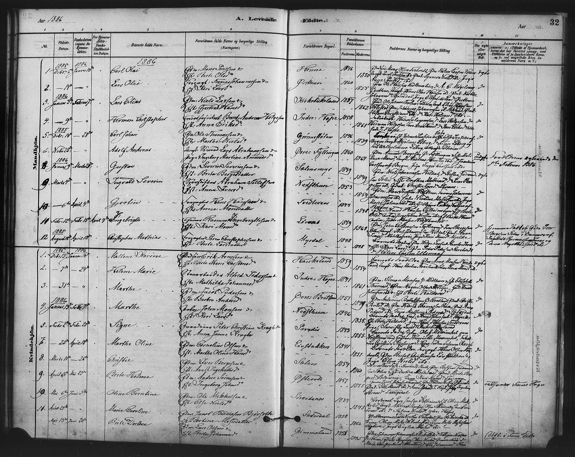 Fana Sokneprestembete, AV/SAB-A-75101/H/Haa/Haai/L0001: Parish register (official) no. I 1, 1878-1888, p. 32