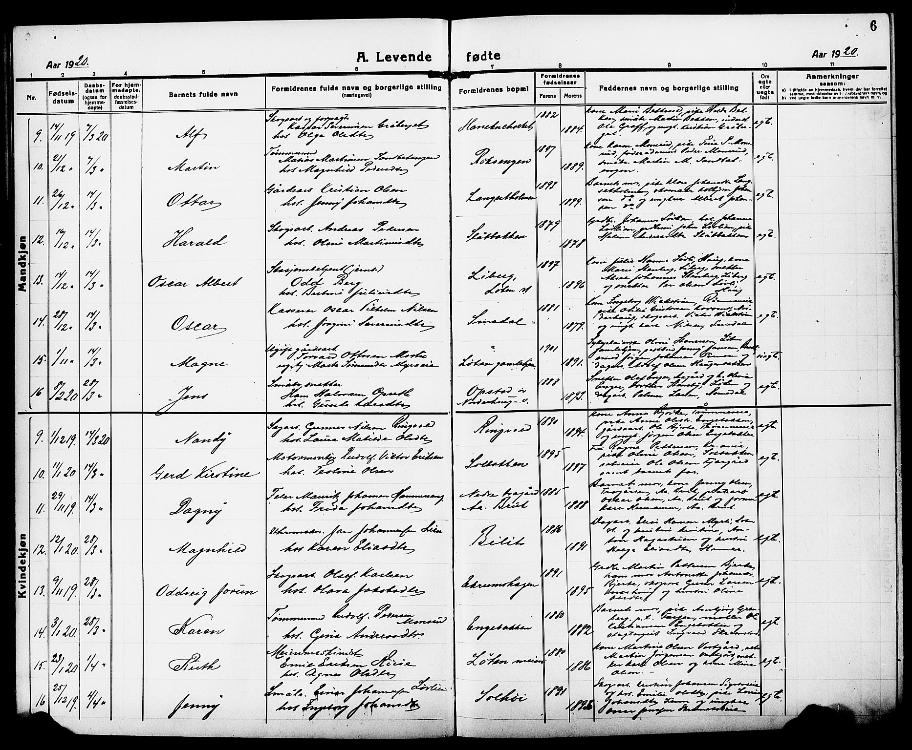 Løten prestekontor, AV/SAH-PREST-022/L/La/L0008: Parish register (copy) no. 8, 1920-1929, p. 6