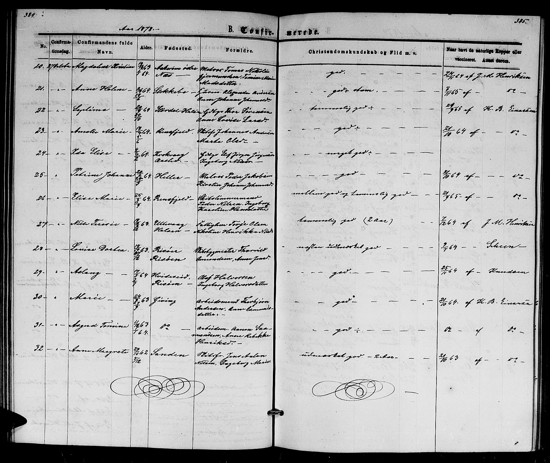 Dypvåg sokneprestkontor, AV/SAK-1111-0007/F/Fb/Fba/L0012: Parish register (copy) no. B 12, 1872-1886, p. 384-385