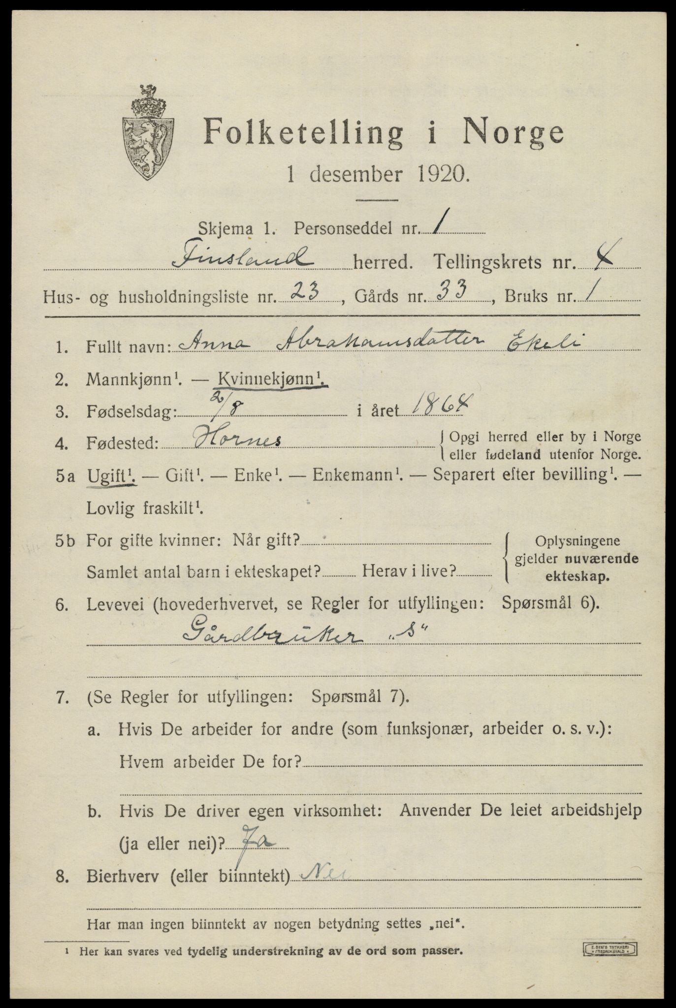 SAK, 1920 census for Finsland, 1920, p. 1796