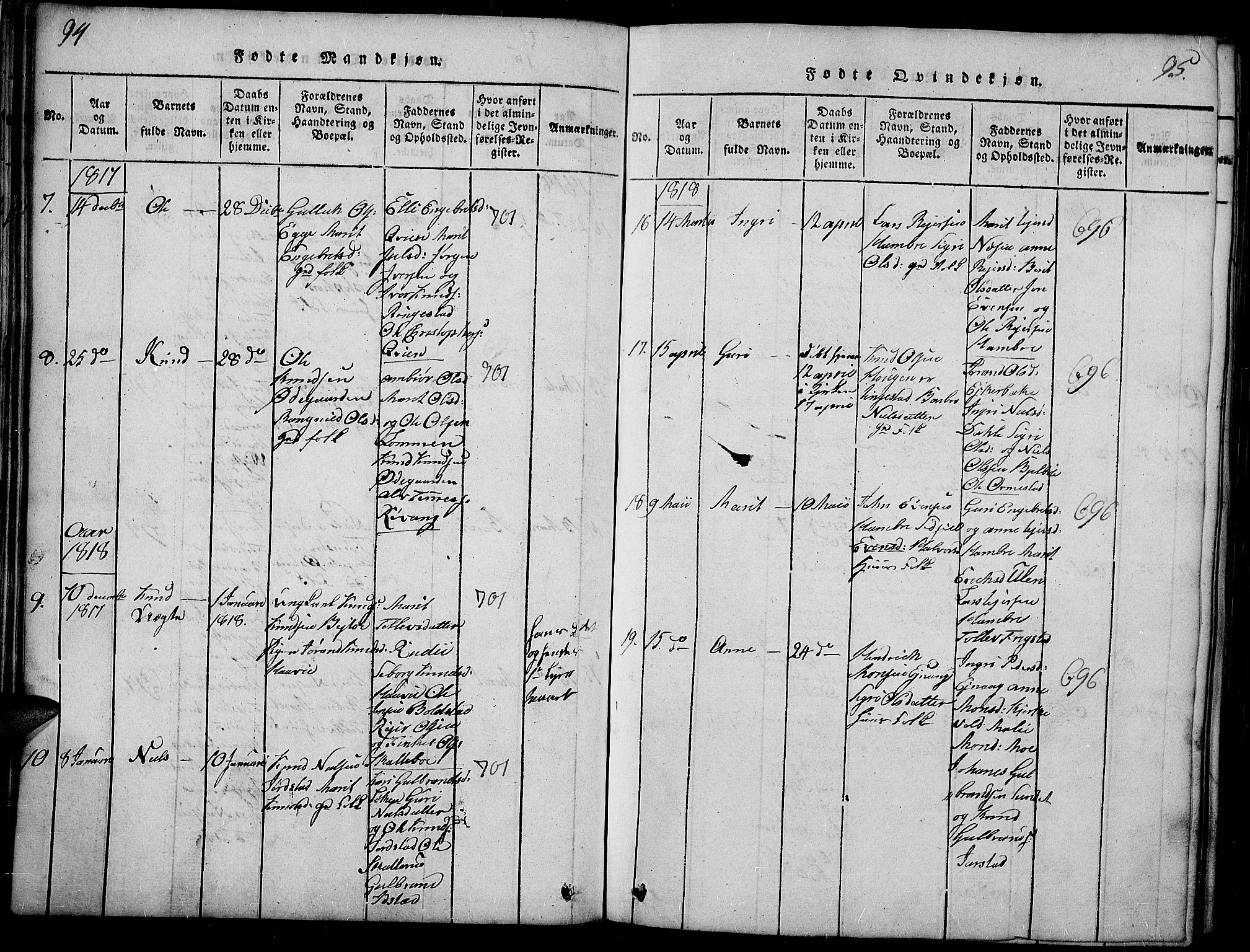 Slidre prestekontor, AV/SAH-PREST-134/H/Ha/Haa/L0002: Parish register (official) no. 2, 1814-1830, p. 94-95