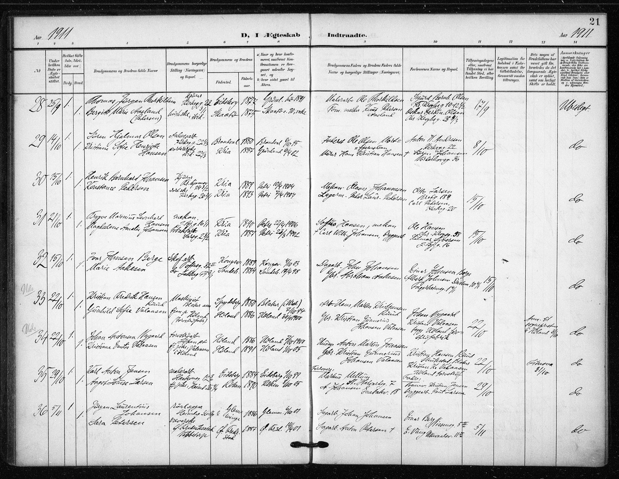 Tøyen prestekontor Kirkebøker, AV/SAO-A-10167a/F/Fa/L0002: Parish register (official) no. I 2, 1907-1916, p. 21