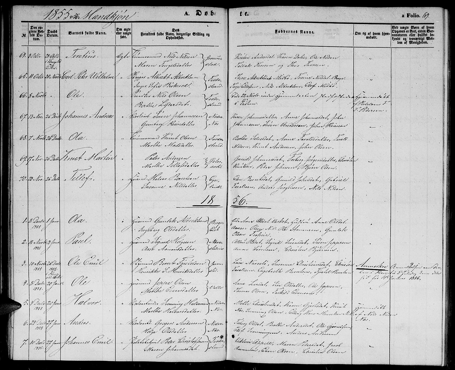 Holt sokneprestkontor, AV/SAK-1111-0021/F/Fb/L0007: Parish register (copy) no. B 7, 1849-1858, p. 69