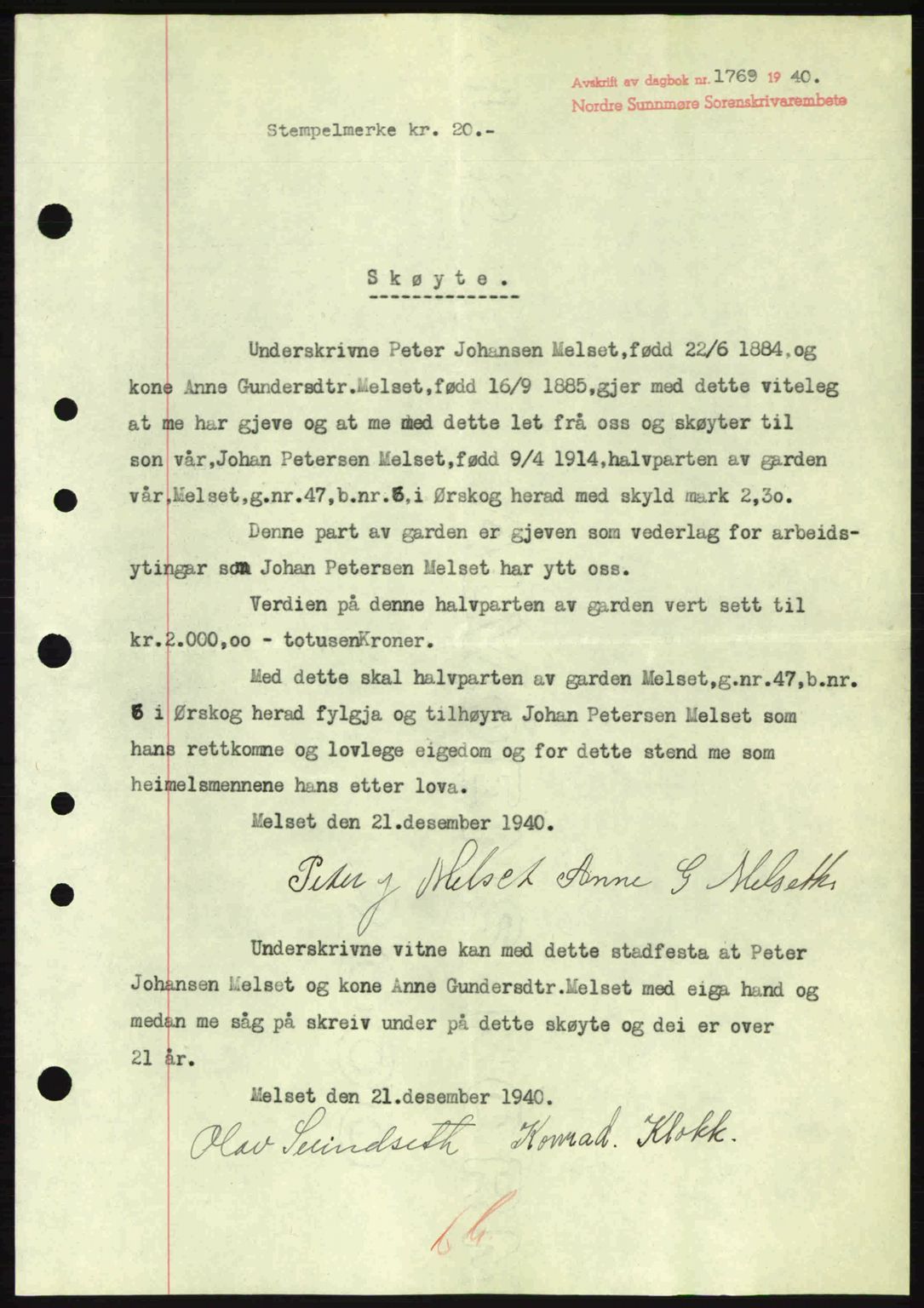 Nordre Sunnmøre sorenskriveri, AV/SAT-A-0006/1/2/2C/2Ca: Mortgage book no. A10, 1940-1941, Diary no: : 1769/1940