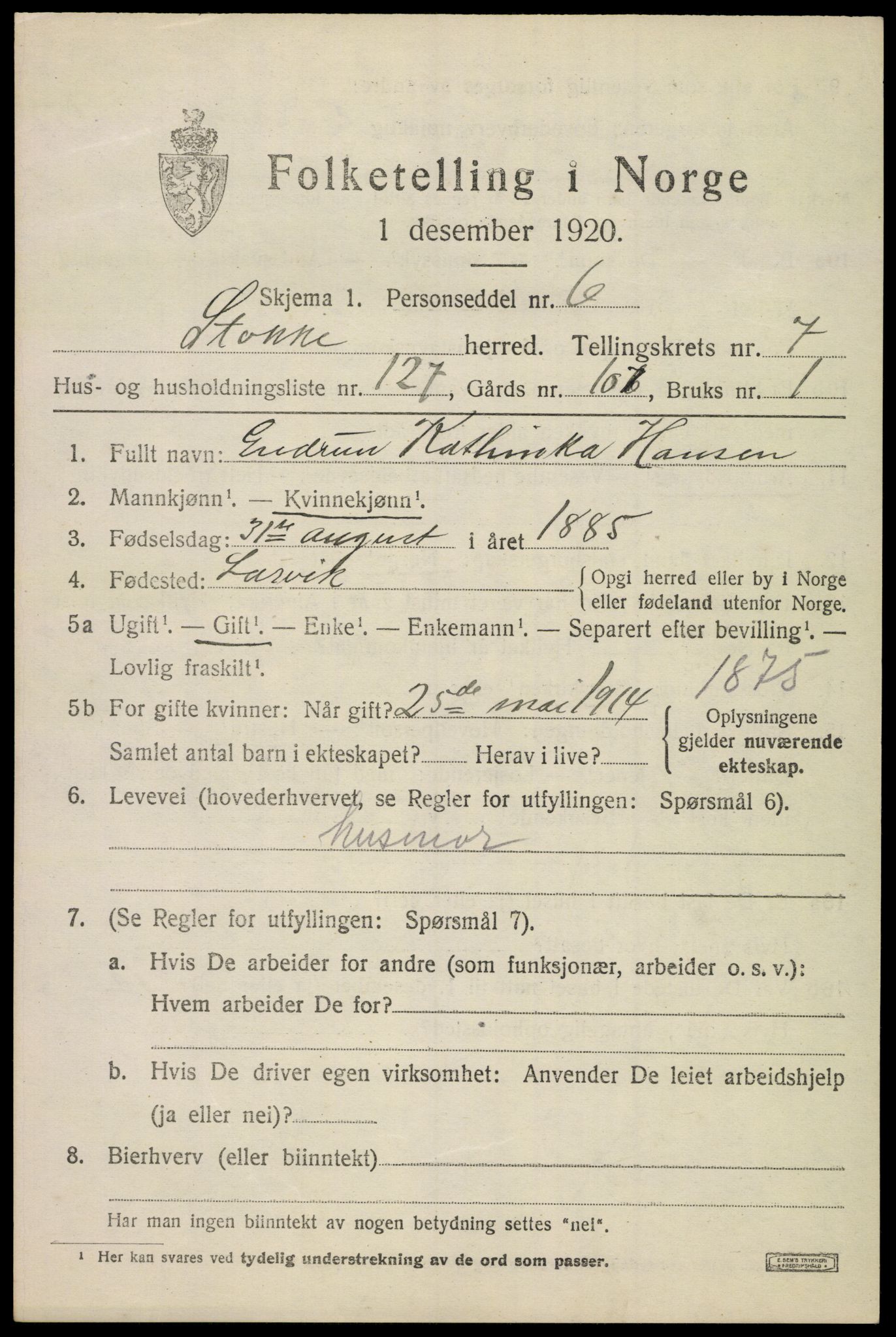 SAKO, 1920 census for Stokke, 1920, p. 9252