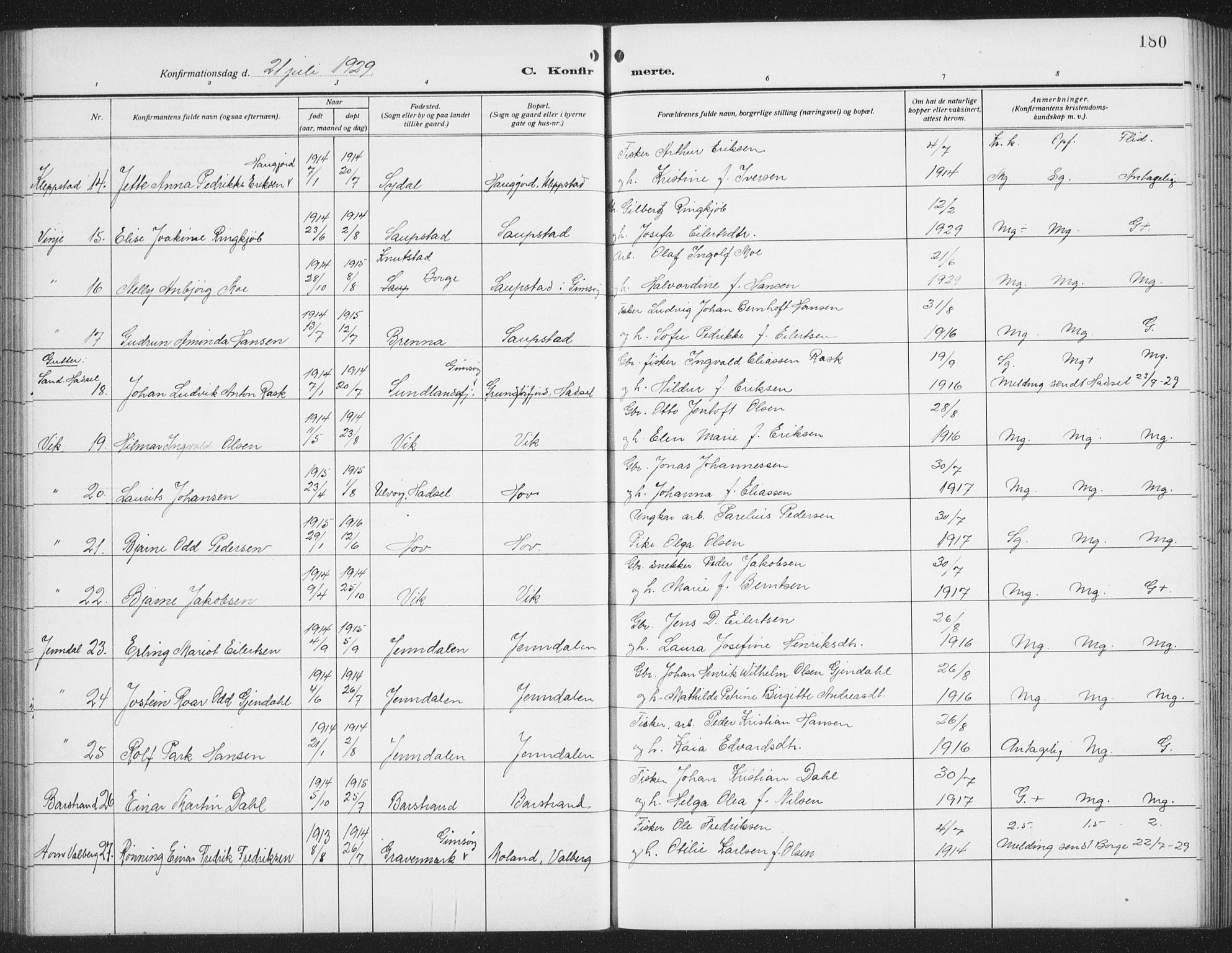 Ministerialprotokoller, klokkerbøker og fødselsregistre - Nordland, SAT/A-1459/876/L1106: Parish register (copy) no. 876C05, 1915-1942, p. 180