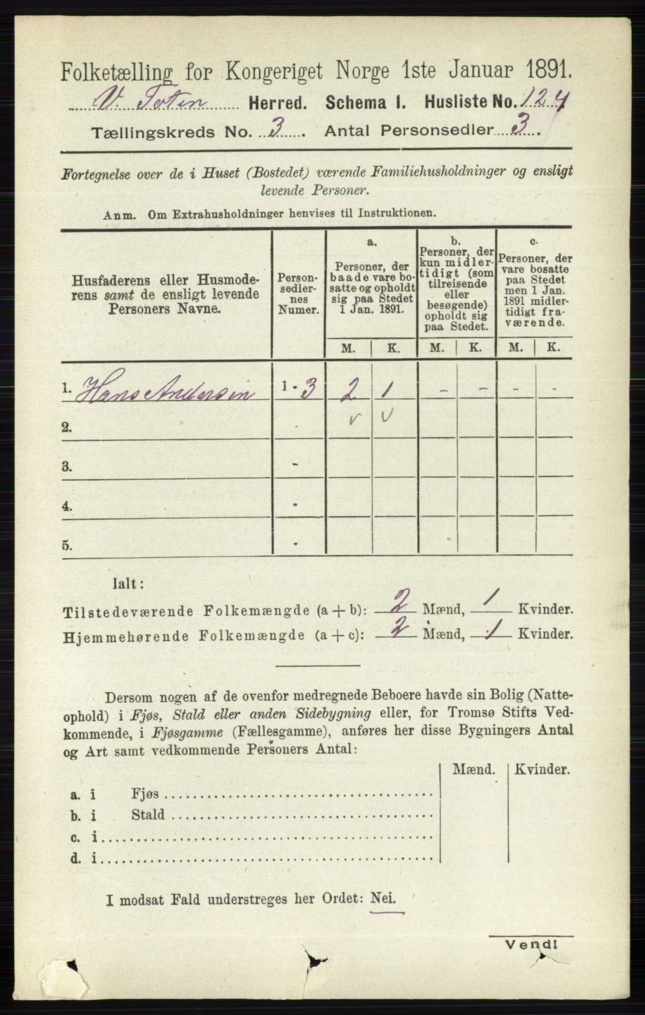 RA, 1891 census for 0529 Vestre Toten, 1891, p. 1989