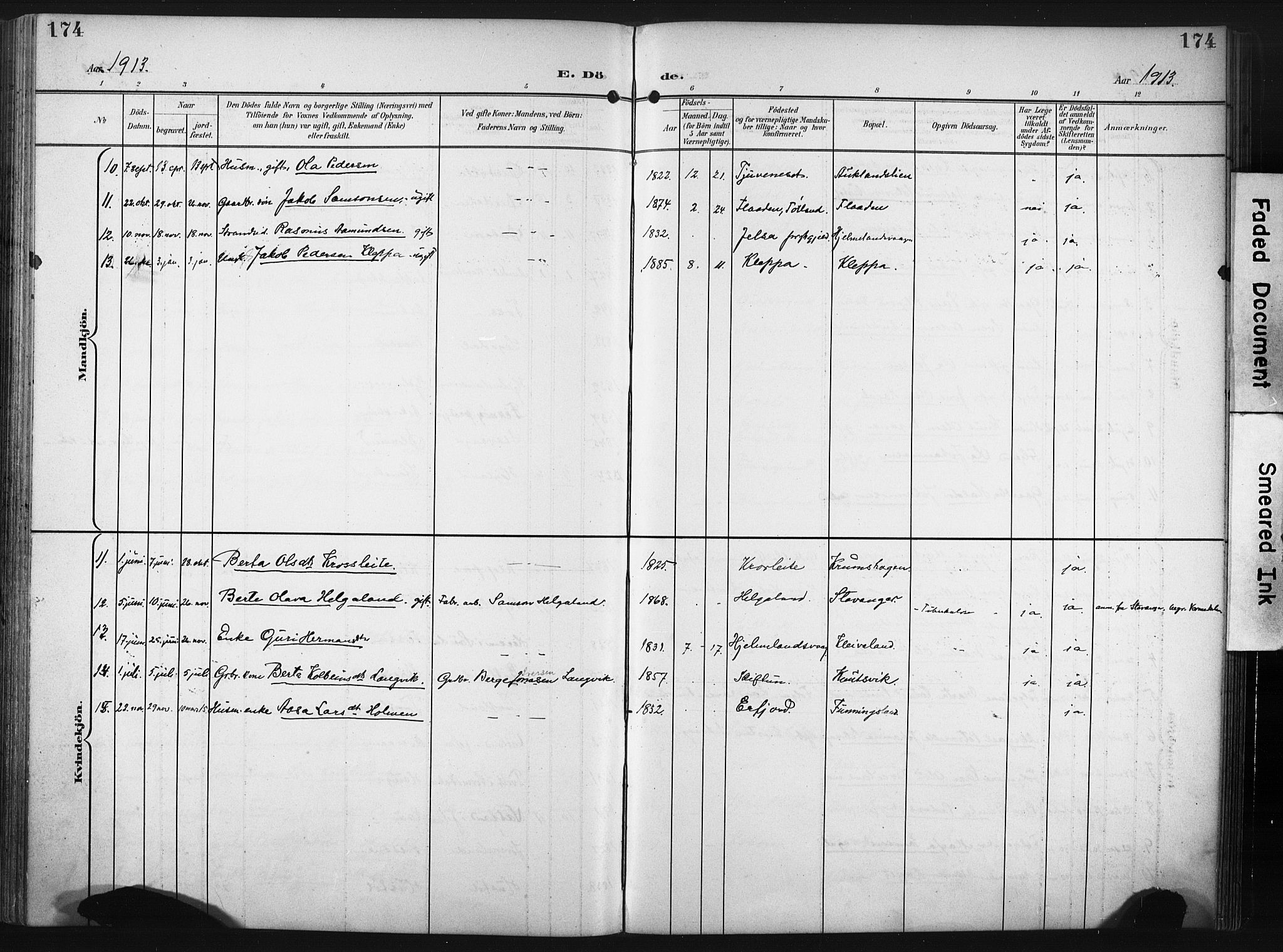 Hjelmeland sokneprestkontor, AV/SAST-A-101843/02/A/L0002: Parish register (official) no. A 17, 1901-1916, p. 174