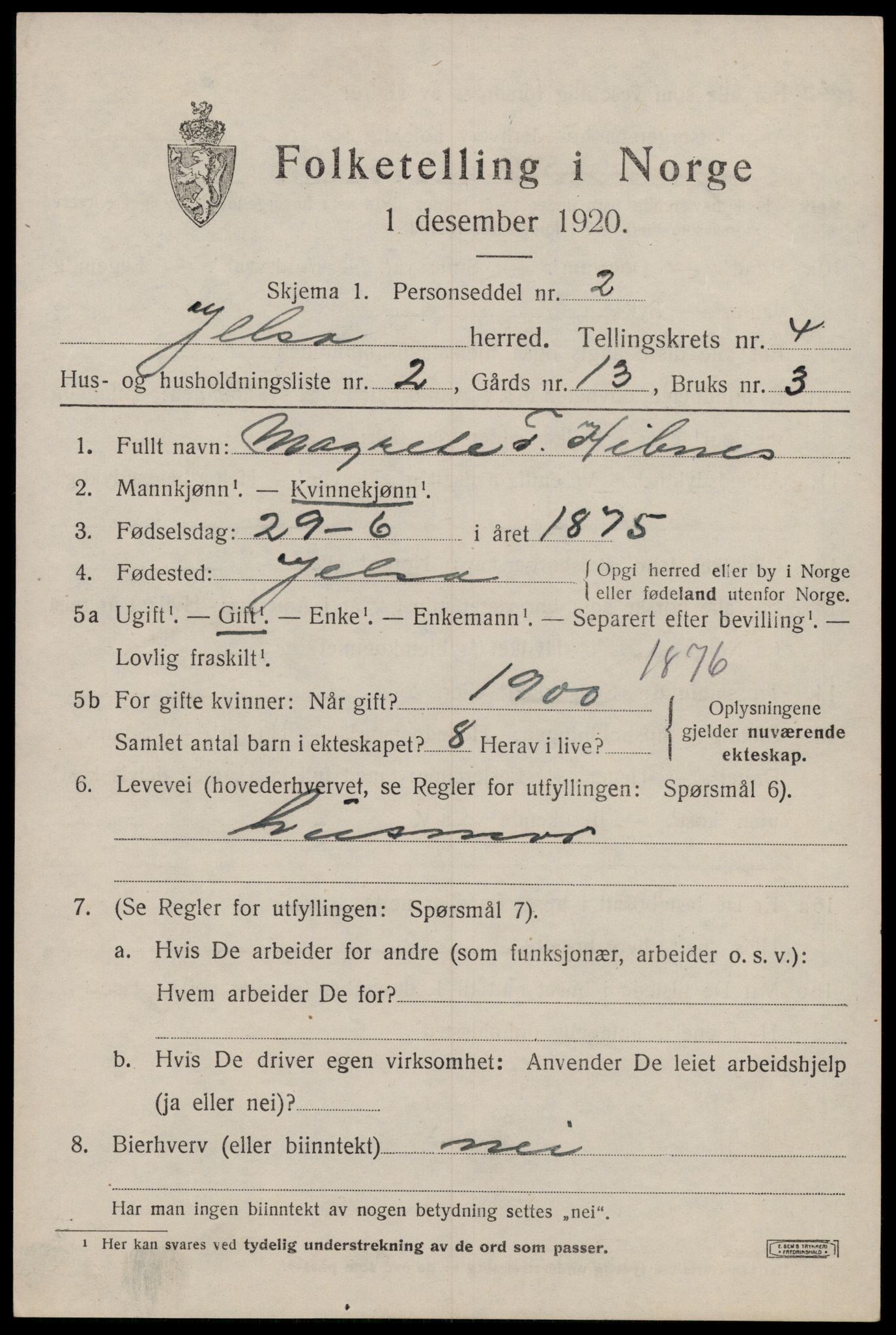 SAST, 1920 census for Jelsa, 1920, p. 1186