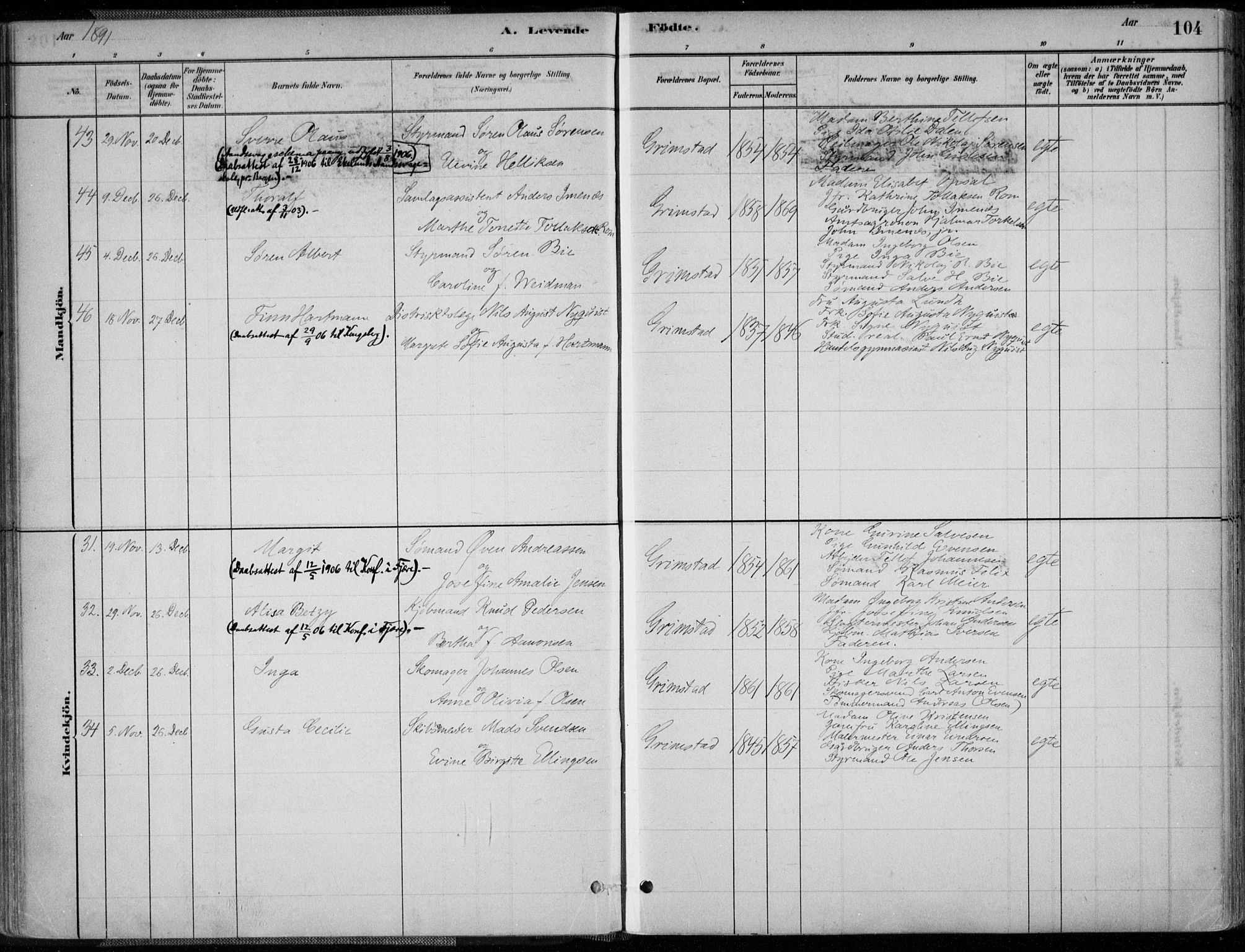 Grimstad sokneprestkontor, AV/SAK-1111-0017/F/Fa/L0003: Parish register (official) no. A 2, 1882-1912, p. 104