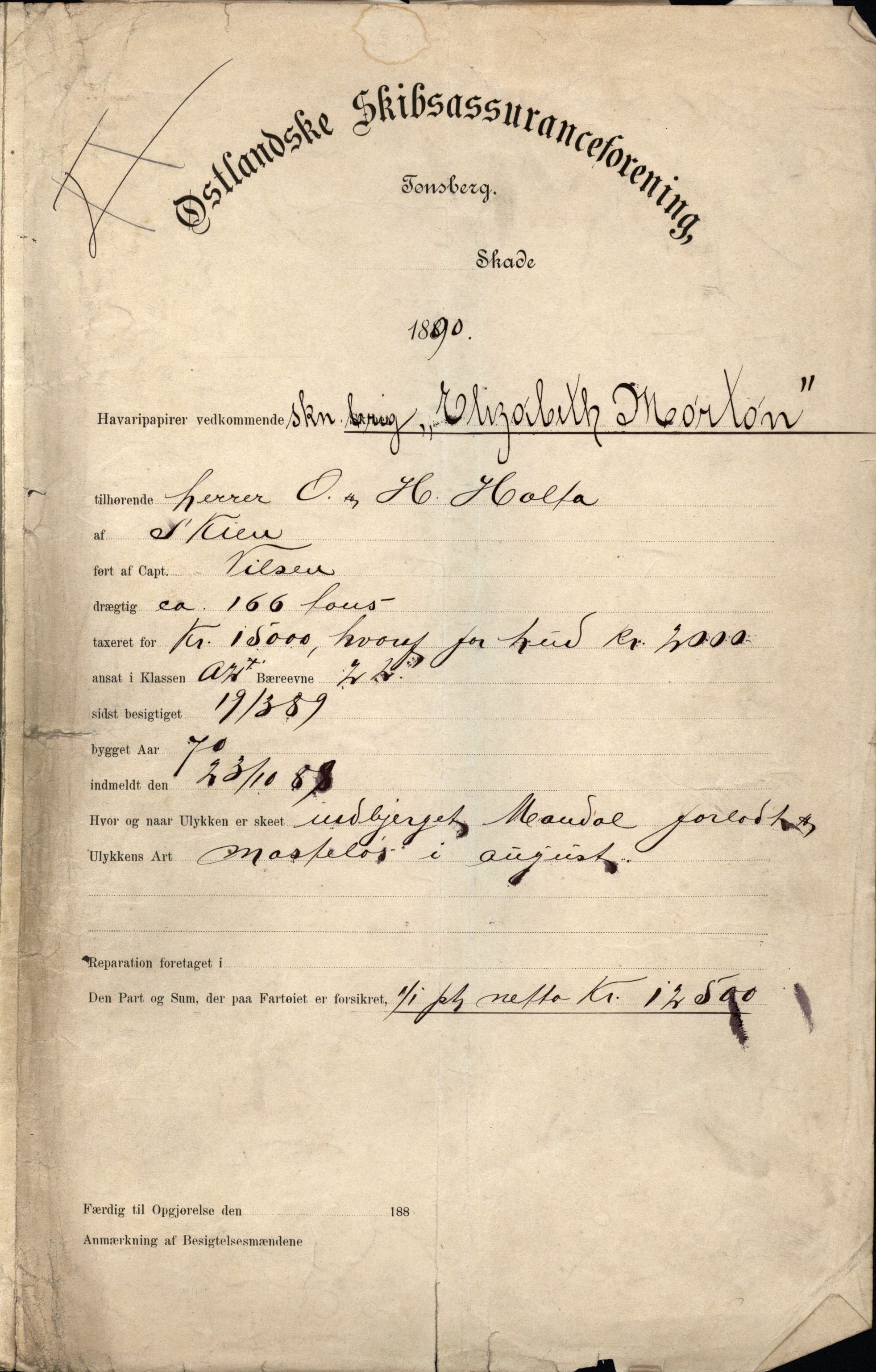 Pa 63 - Østlandske skibsassuranceforening, VEMU/A-1079/G/Ga/L0026/0002: Havaridokumenter / Dovre, Dictator, Ella, Elizabeth Morton, 1890, p. 150