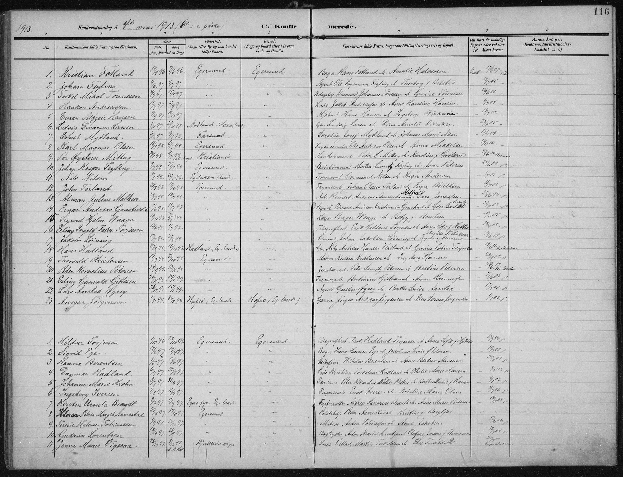 Eigersund sokneprestkontor, SAST/A-101807/S08/L0022: Parish register (official) no. A 21, 1905-1928, p. 116