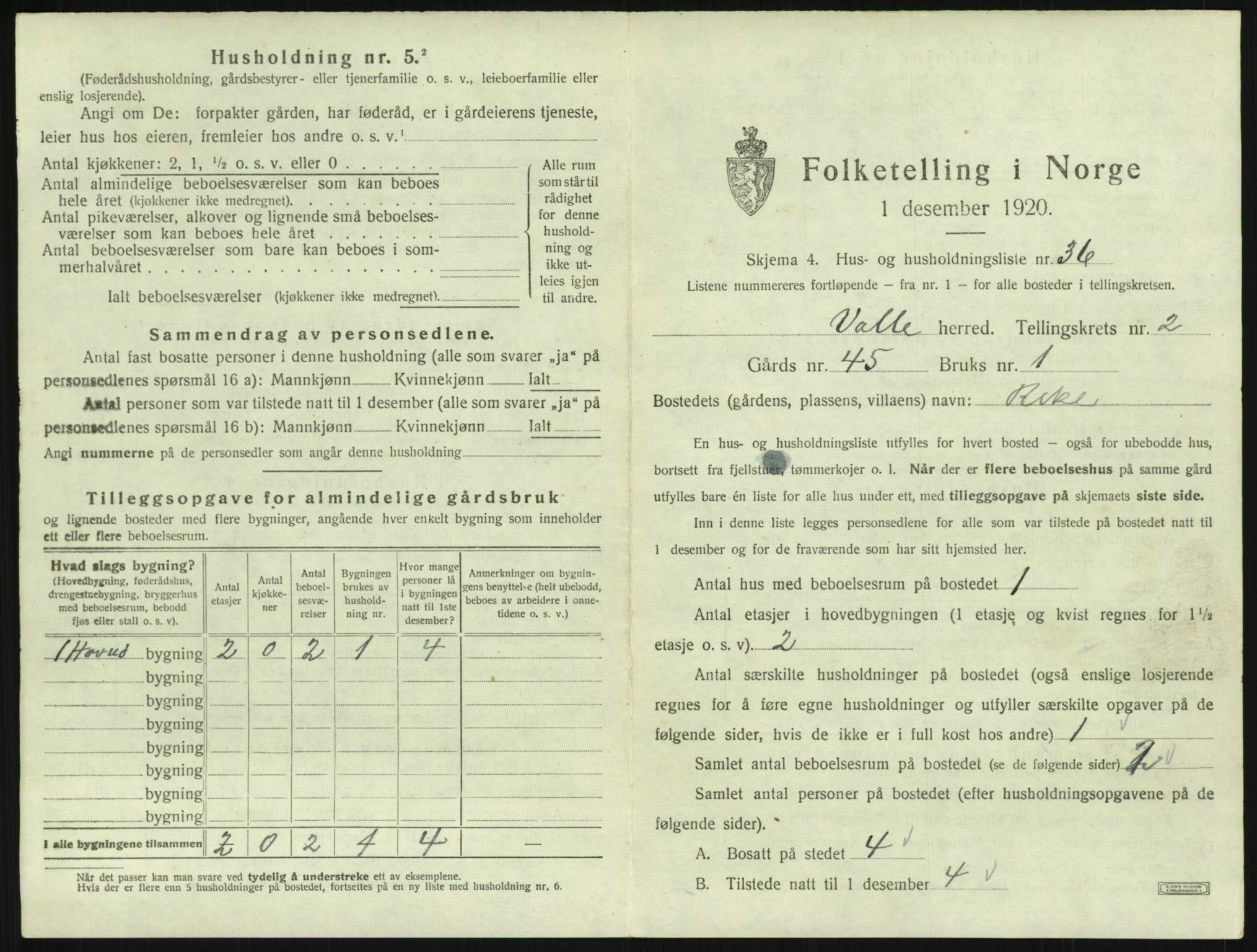 SAK, 1920 census for Valle, 1920, p. 187