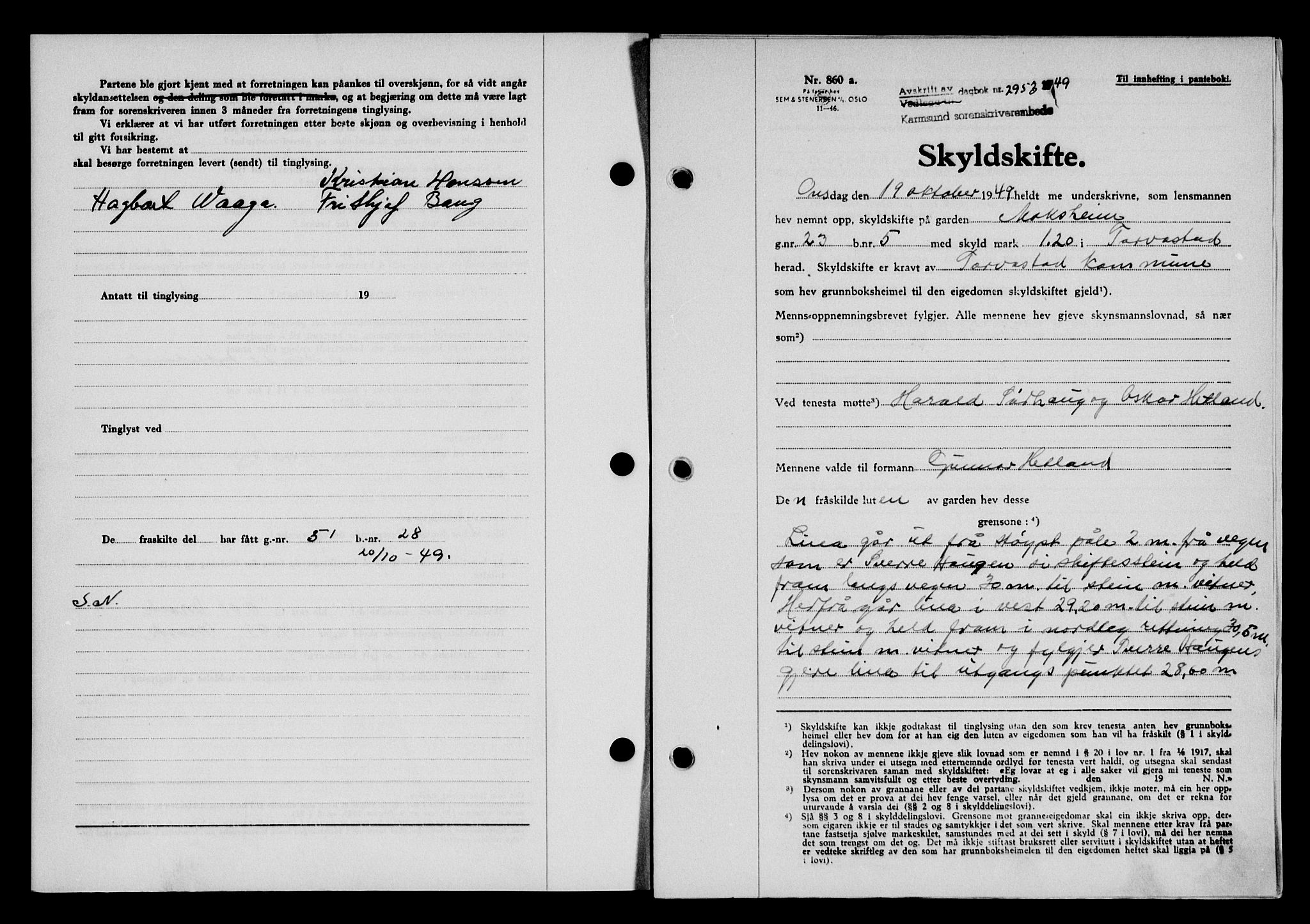 Karmsund sorenskriveri, SAST/A-100311/01/II/IIB/L0098: Mortgage book no. 78A, 1949-1950, Diary no: : 2953/1949