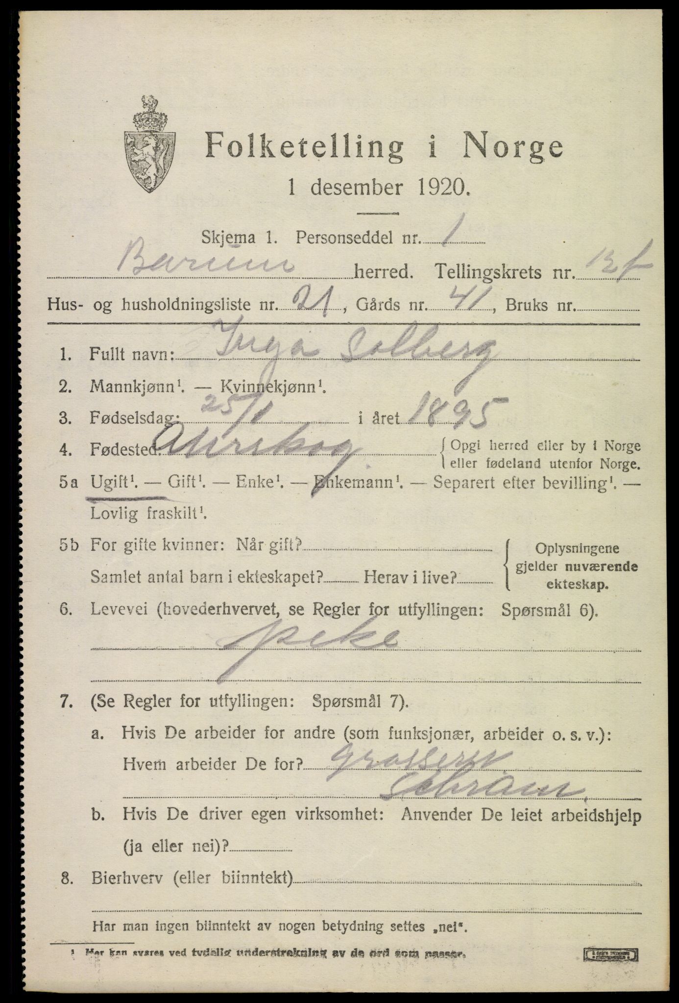 SAO, 1920 census for Bærum, 1920, p. 32928