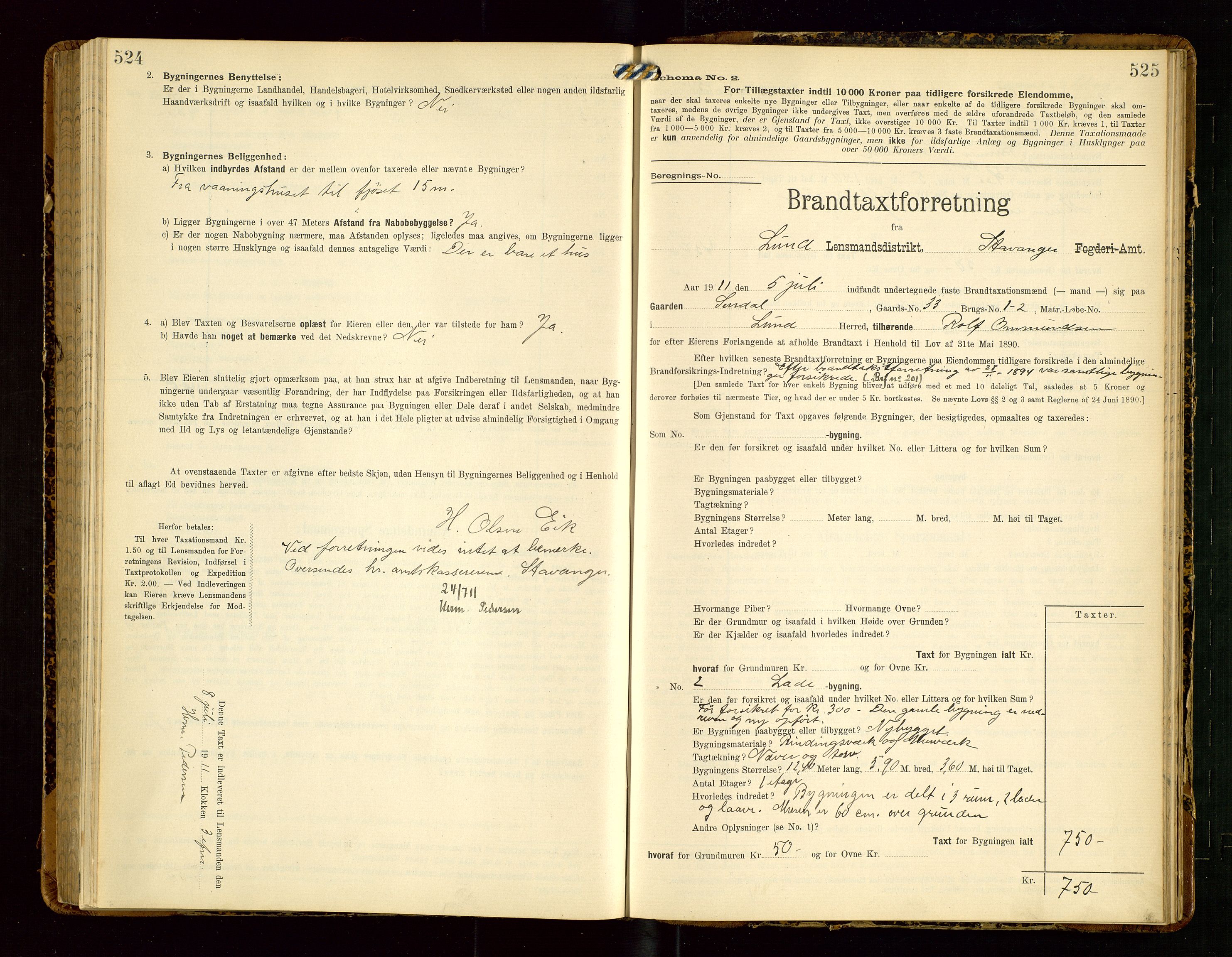 Lund lensmannskontor, SAST/A-100303/Gob/L0002: "Brandtakstprotokol", 1908-1918, p. 524-525