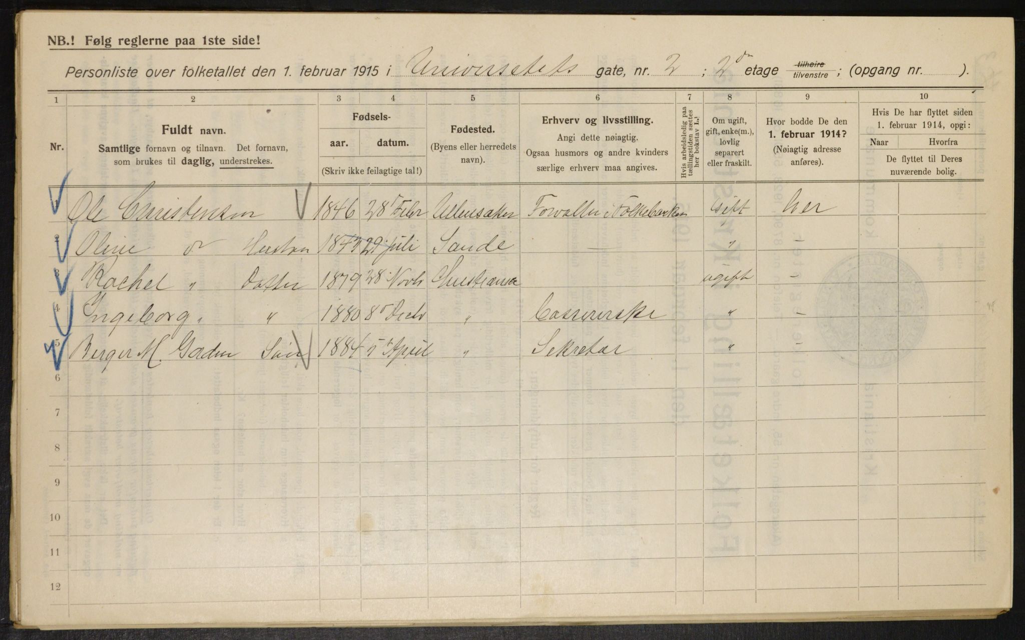 OBA, Municipal Census 1915 for Kristiania, 1915, p. 120607