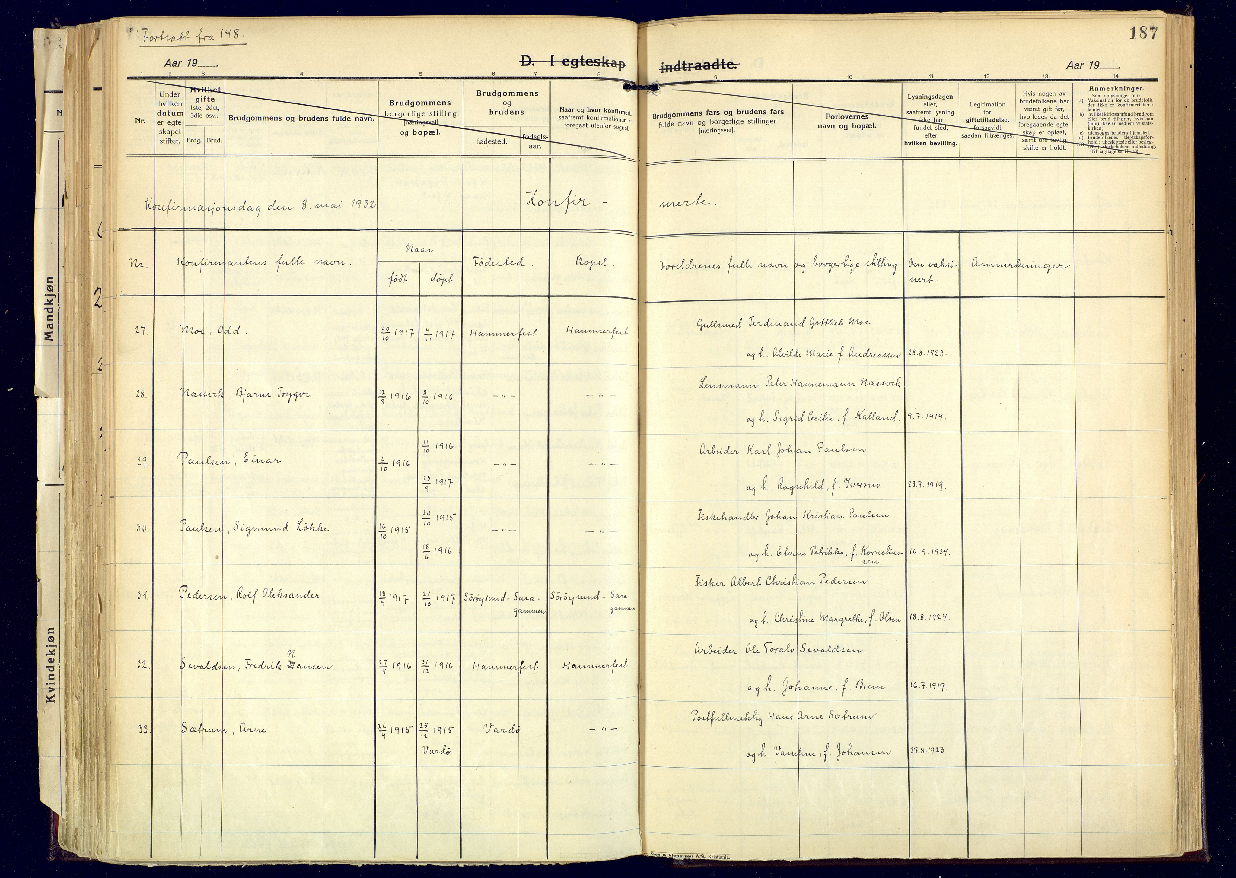 Hammerfest sokneprestkontor, SATØ/S-1347: Parish register (official) no. 17, 1923-1933, p. 187