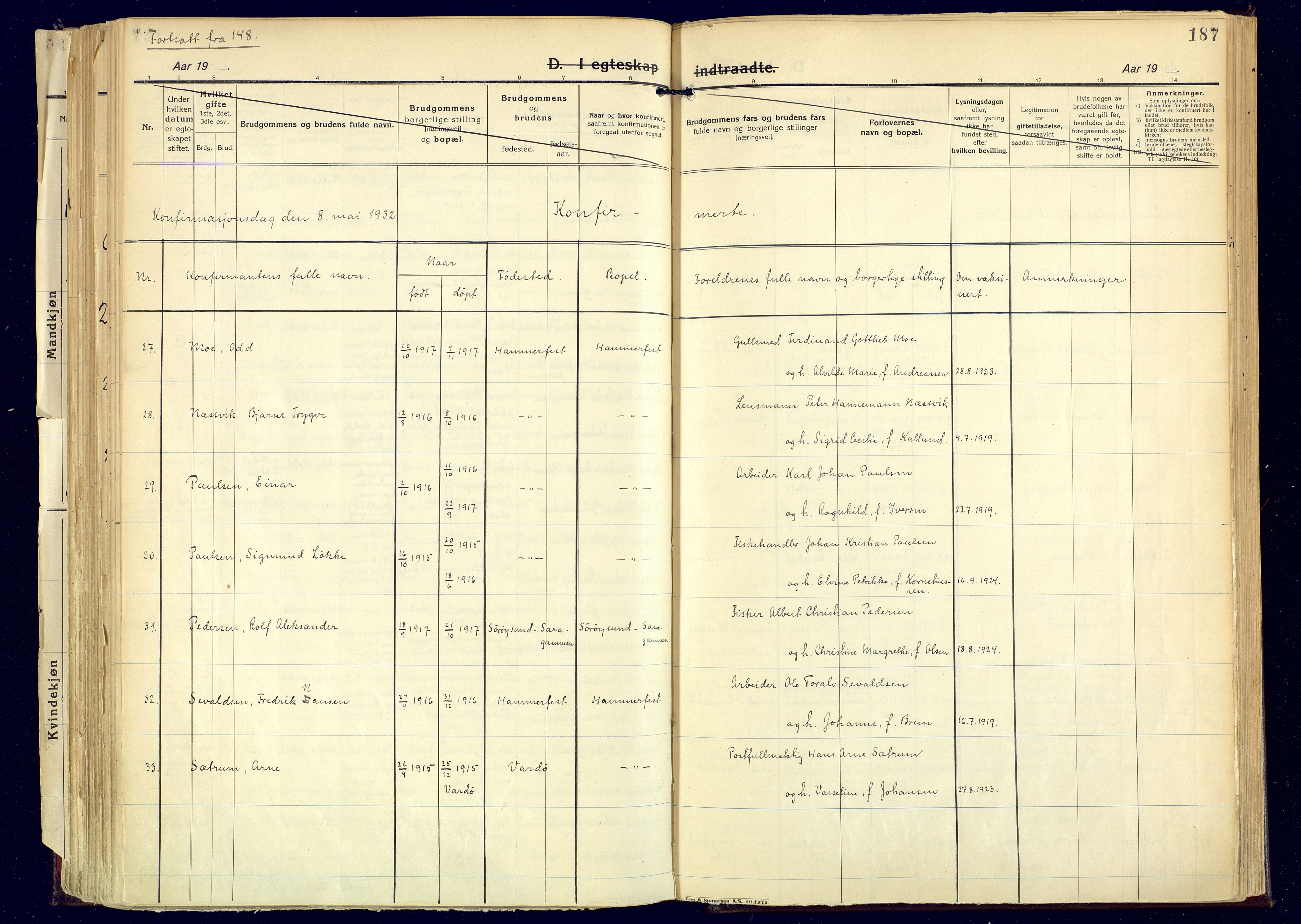 Hammerfest sokneprestkontor, AV/SATØ-S-1347: Parish register (official) no. 17, 1923-1933, p. 187