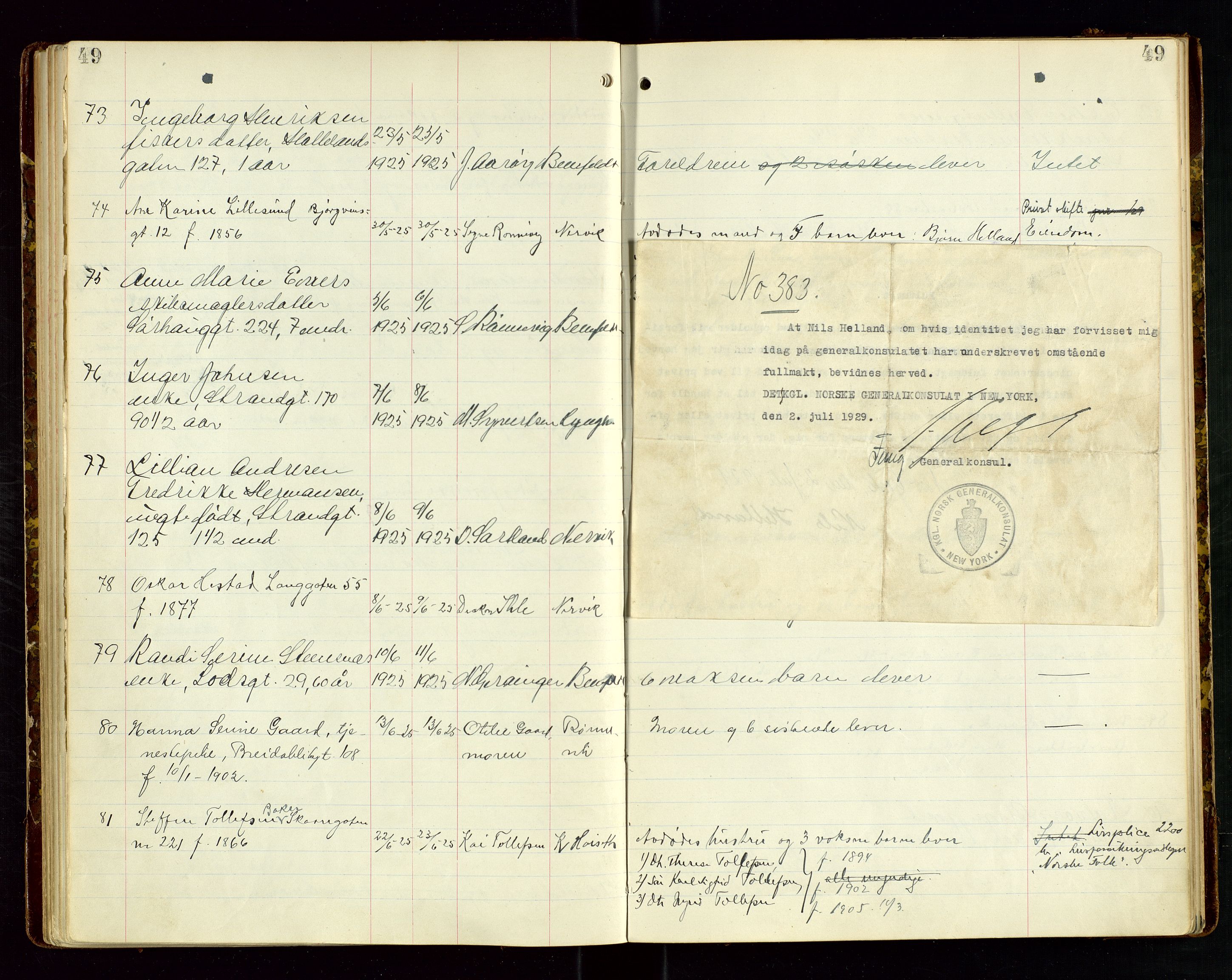 Haugesund tingrett, AV/SAST-A-101415/01/IV/IVJ/L0006: Dødsfallsprotokoll, 1922-1928, p. 49