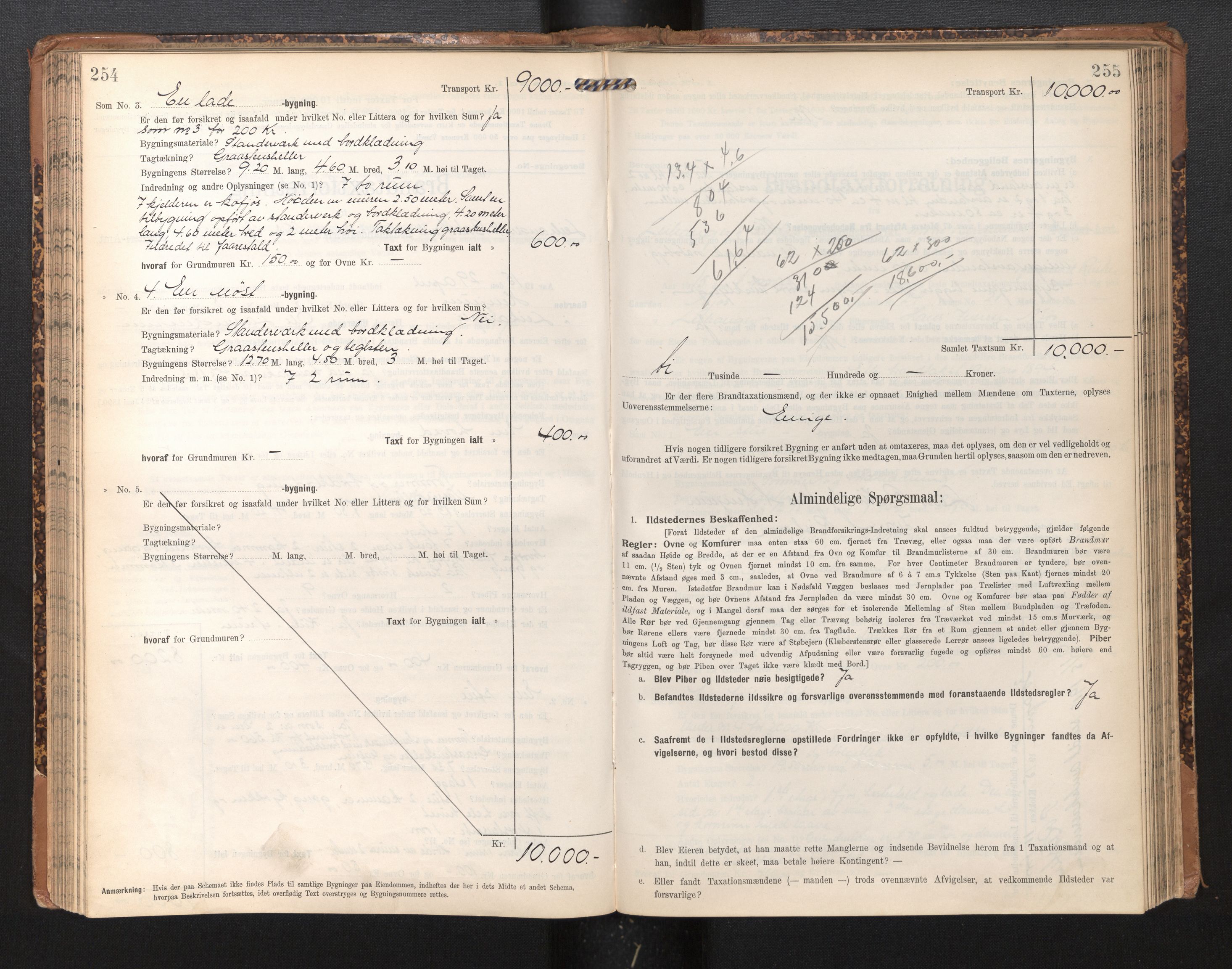 Lensmannen i Leikanger, SAB/A-29201/0012/L0005: Branntakstprotokoll, skjematakst, 1907-1917, p. 254-255