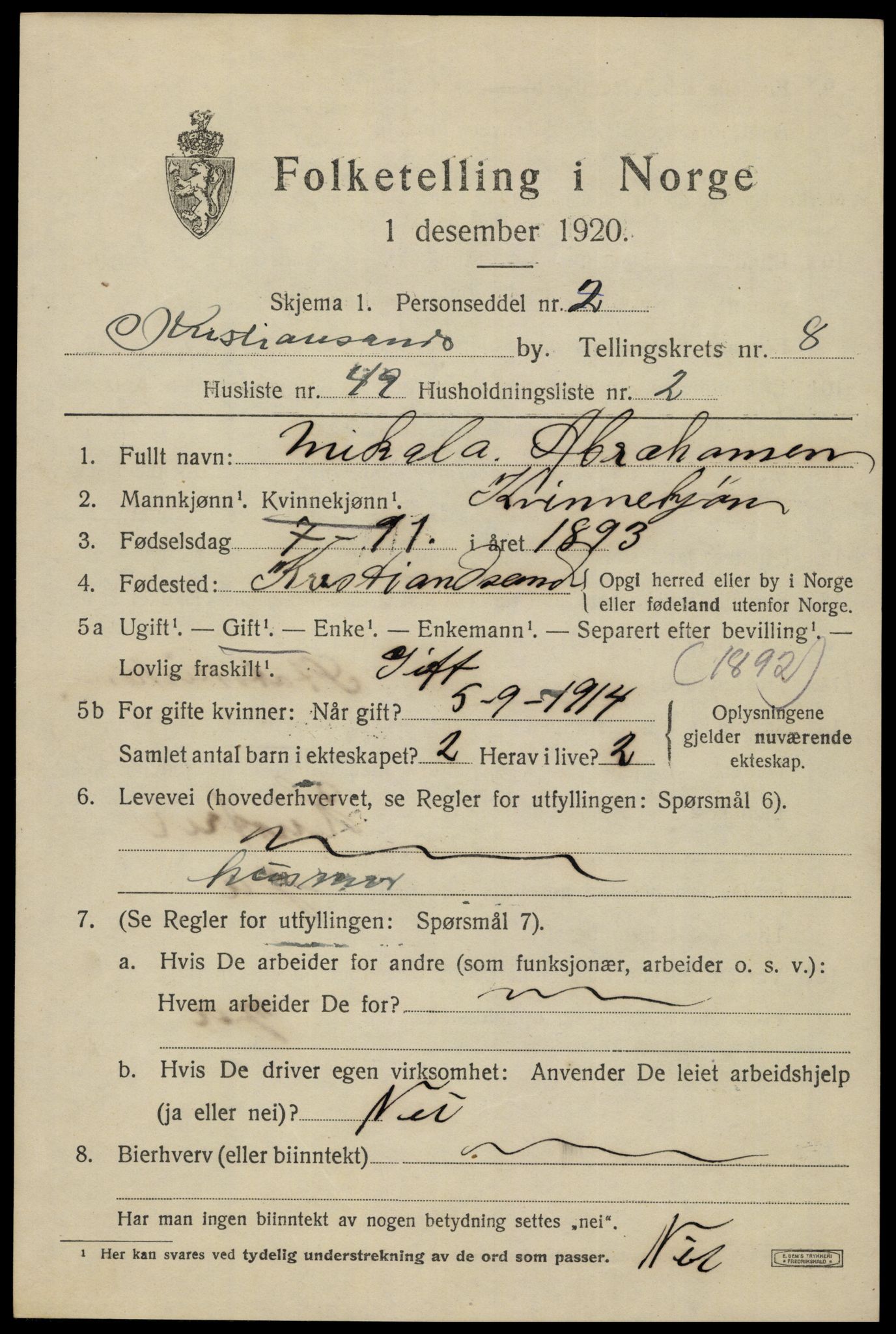 SAK, 1920 census for Kristiansand, 1920, p. 22011